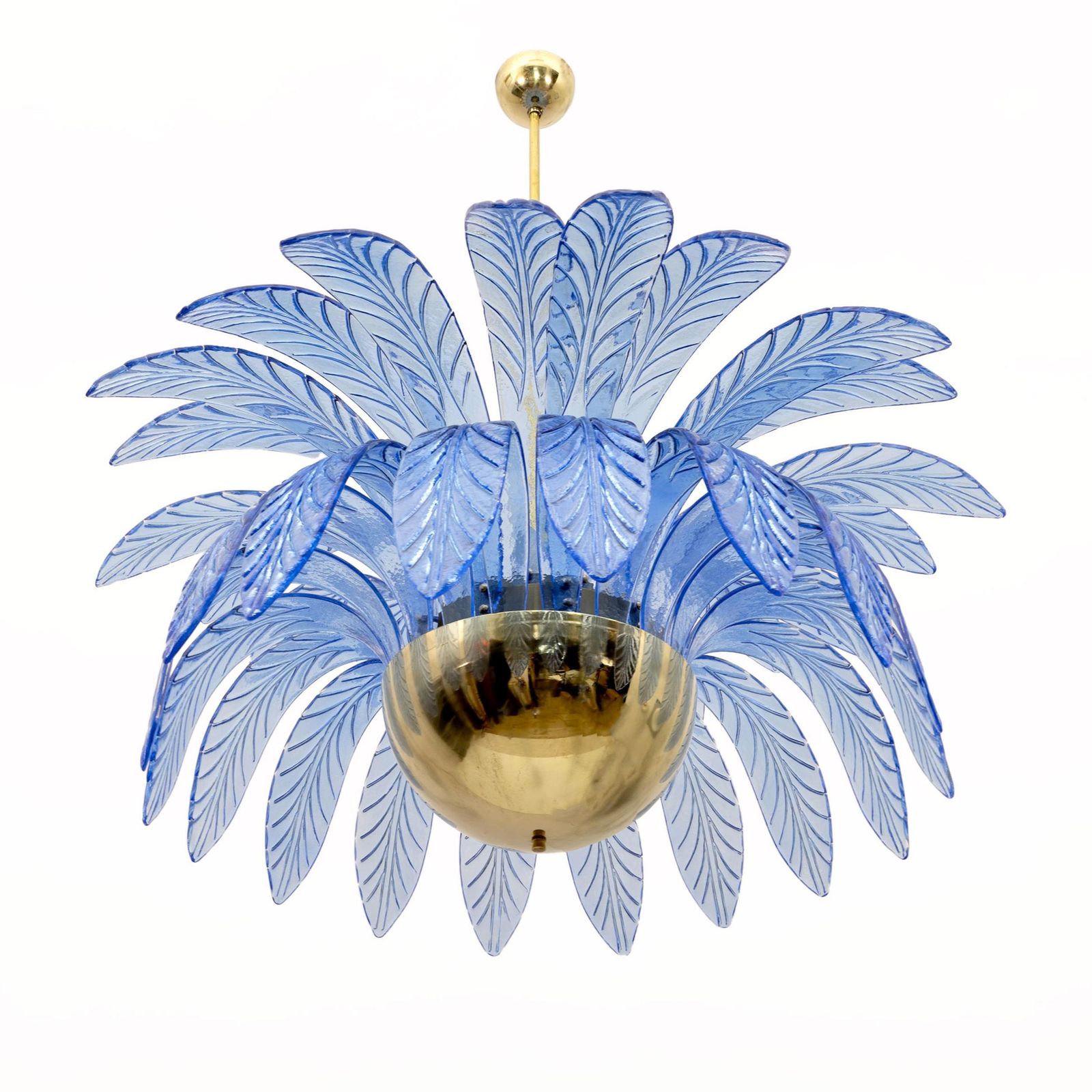 Pair Of Mid Century Modern Palm Leaves Big Chandelier Murano Glass And Brass photo for sale