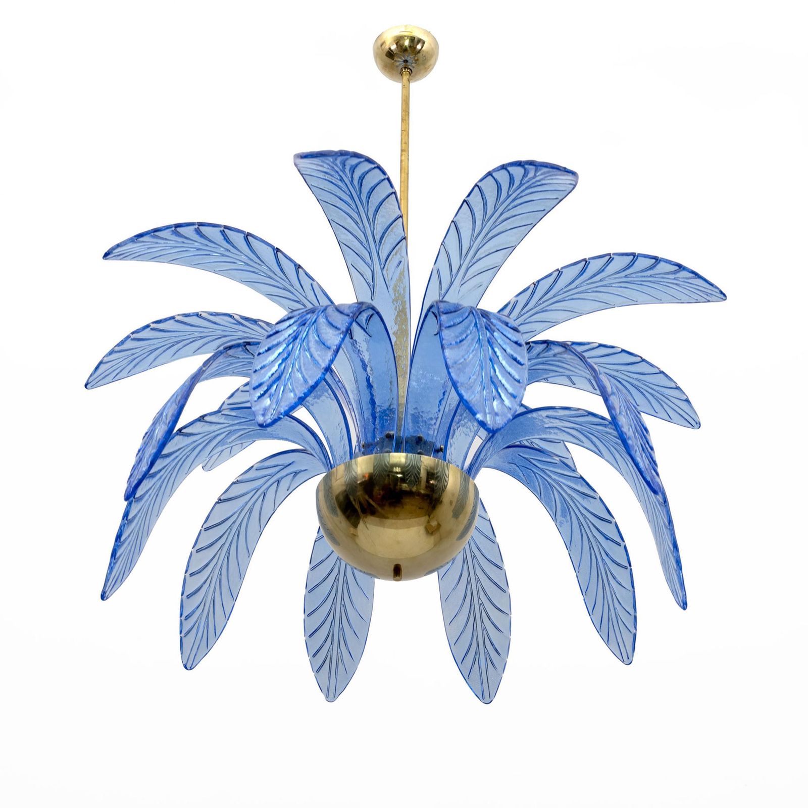 Mid Century Modern Palm Leaves Chandelier Light Blue Murano Glass And Brass, 70s photo buy