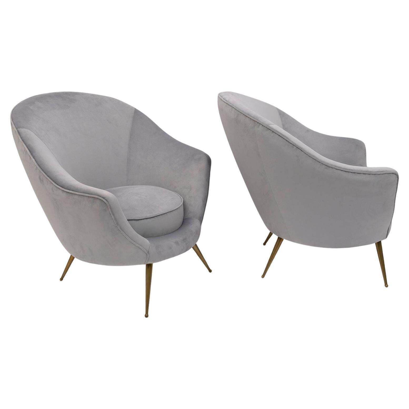 Pair Of Federico Munari Mid Century Modern Italian Velvet Armchairs, 1950s