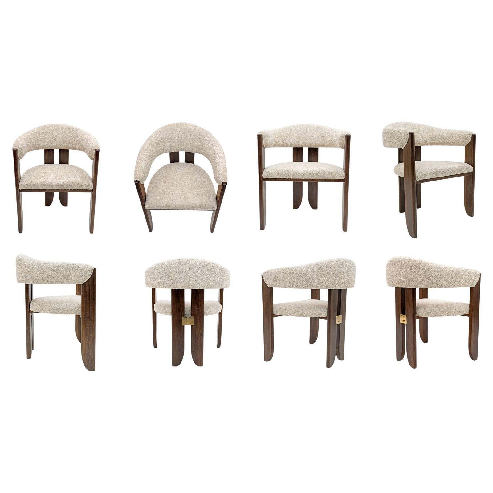 Eight Mid Century Modern Italian Bouclè And Walnut Dining Chairs, 1970s
