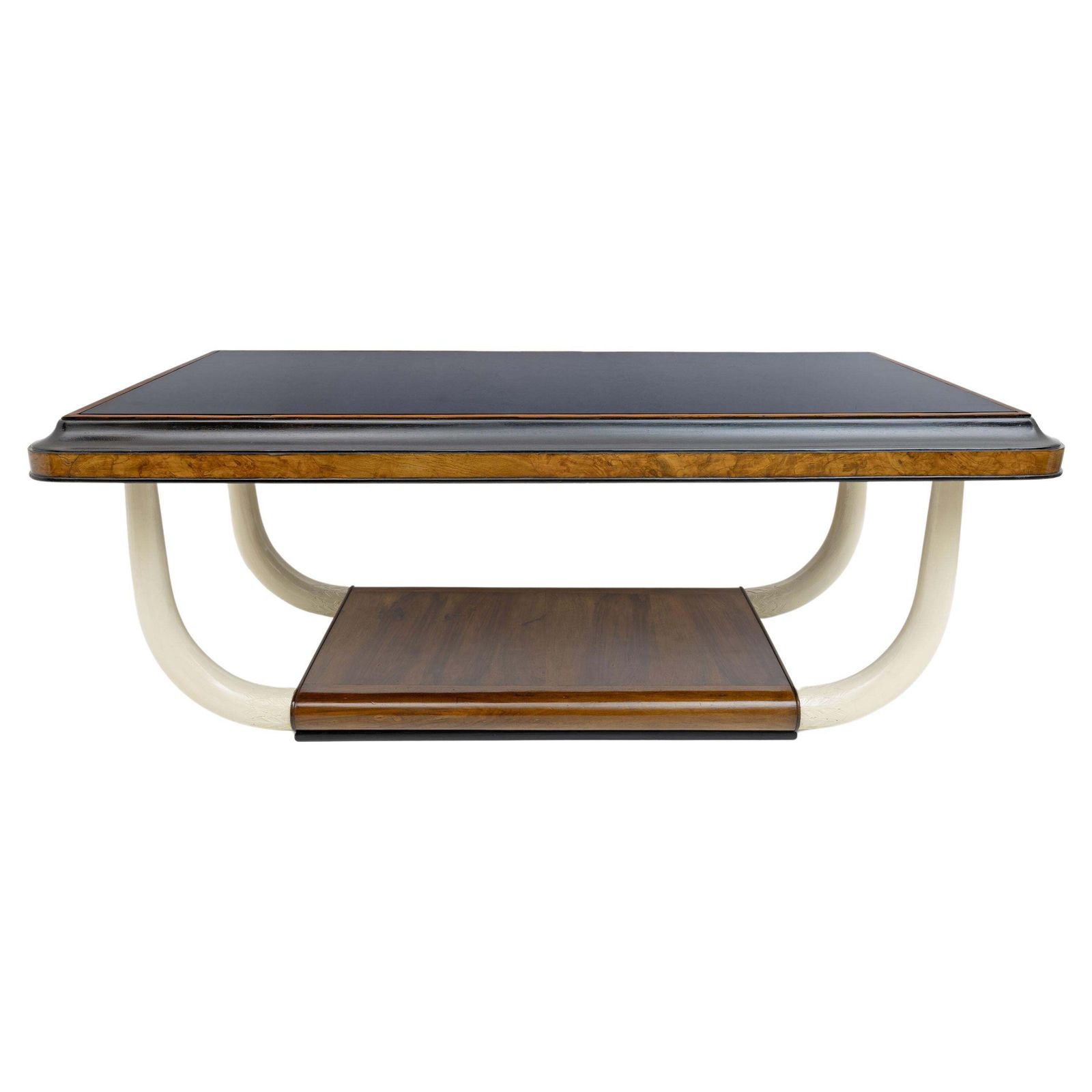 Art Deco Italian Walnut And Top Glass Table With Elephant Tusk Legs, 30s