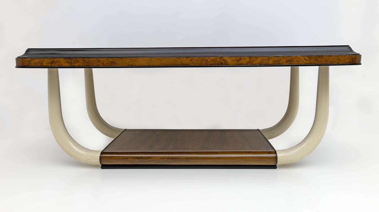 Art Deco Italian Walnut And Top Glass Table With Elephant Tusk Legs, 30s photo Furniture