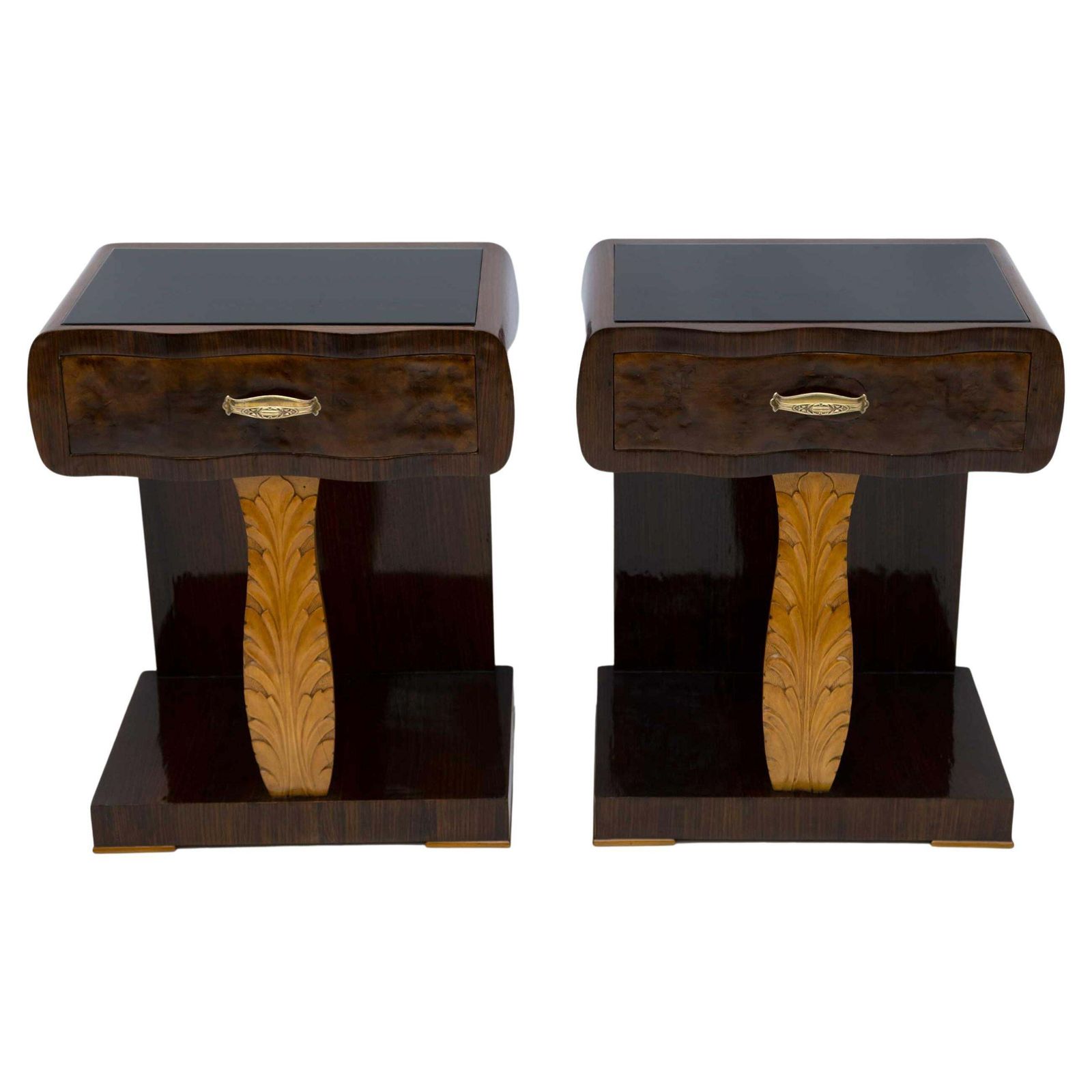Pair Of Art Deco Italian Walnut Briar And Maple Bedside Tables, 1920s