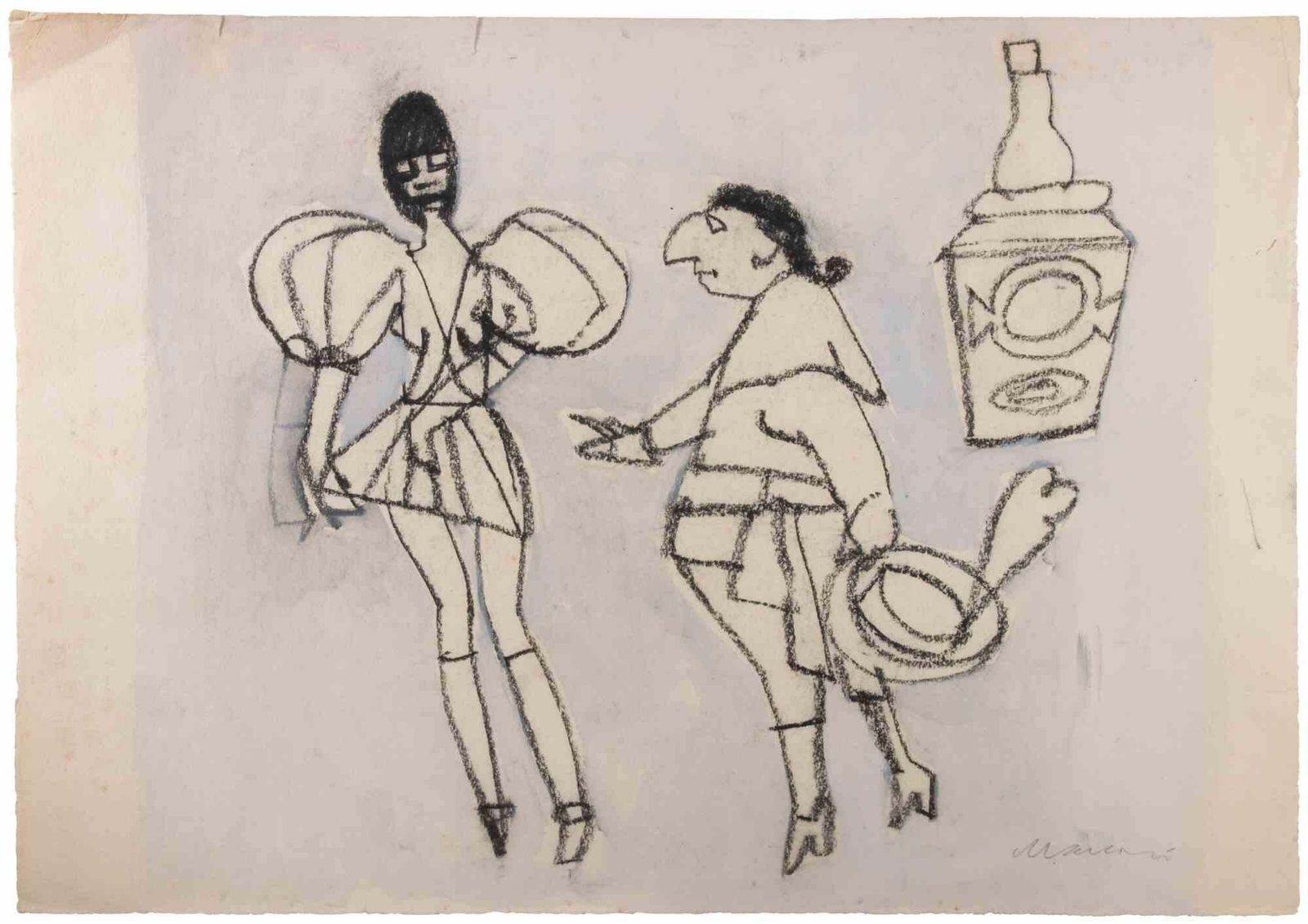 Mino Maccarithe Knight And The Lady   Drawing By Mino Maccari   Mid 20th Centurymid 20th Century
