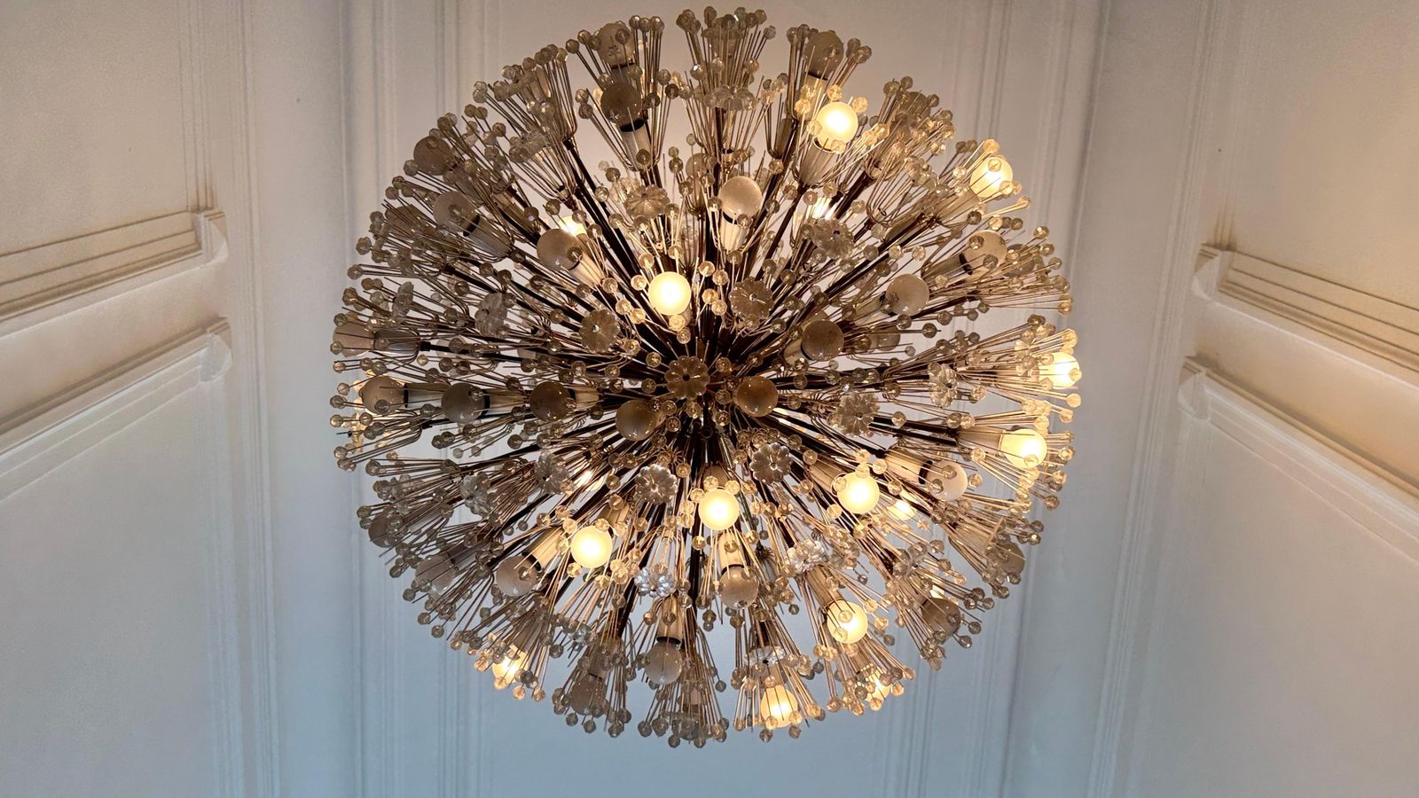 Large Oval Stejnar Flower Glass & Brass Chandelier, Austria, 1950s photo vintage