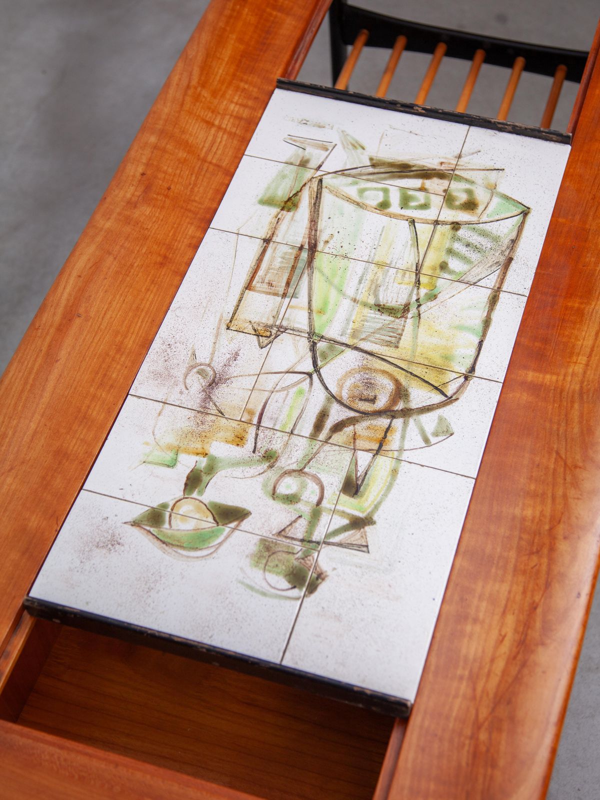photo for sale 1958 Alfred Hendricks Coffee Bar Table With Figurative Tiles Tray