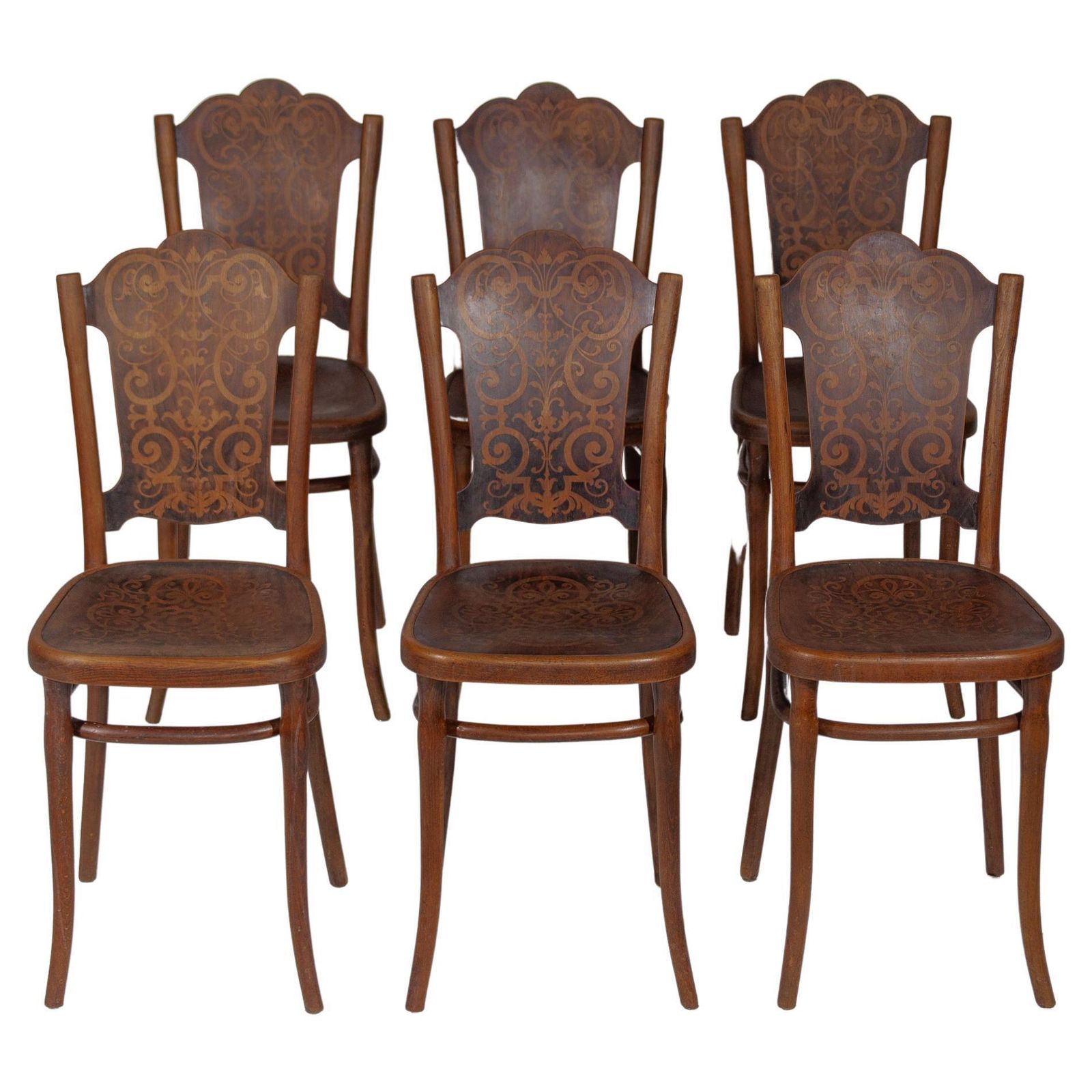 Thonet Art Nouveau Set Of Six Very Rare Chairs With Printed Pattern. photo furniture