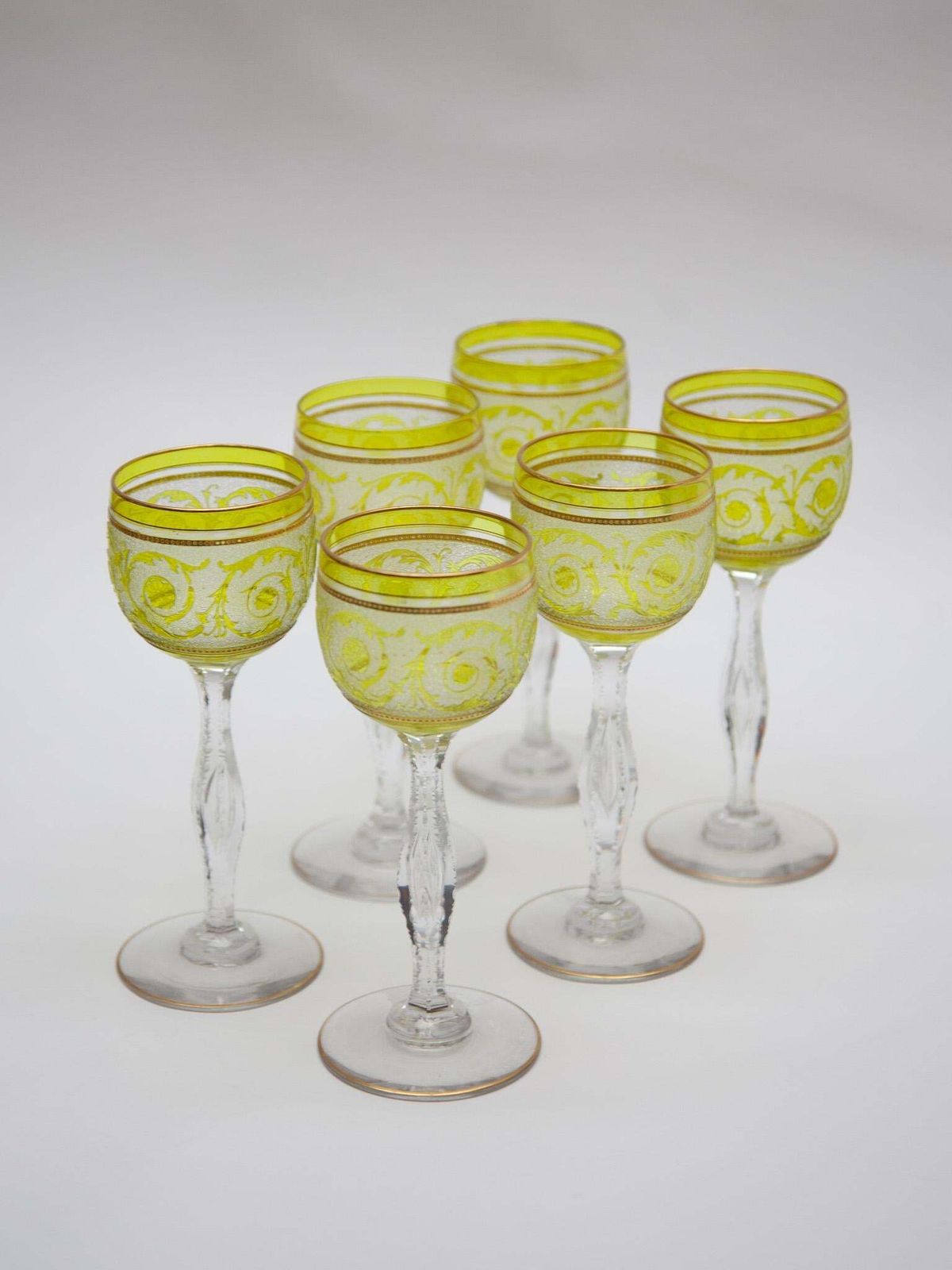 Set Of Six Saint Louis, Thistle Engraving Green Wine Glasses, 1910, France photo buy