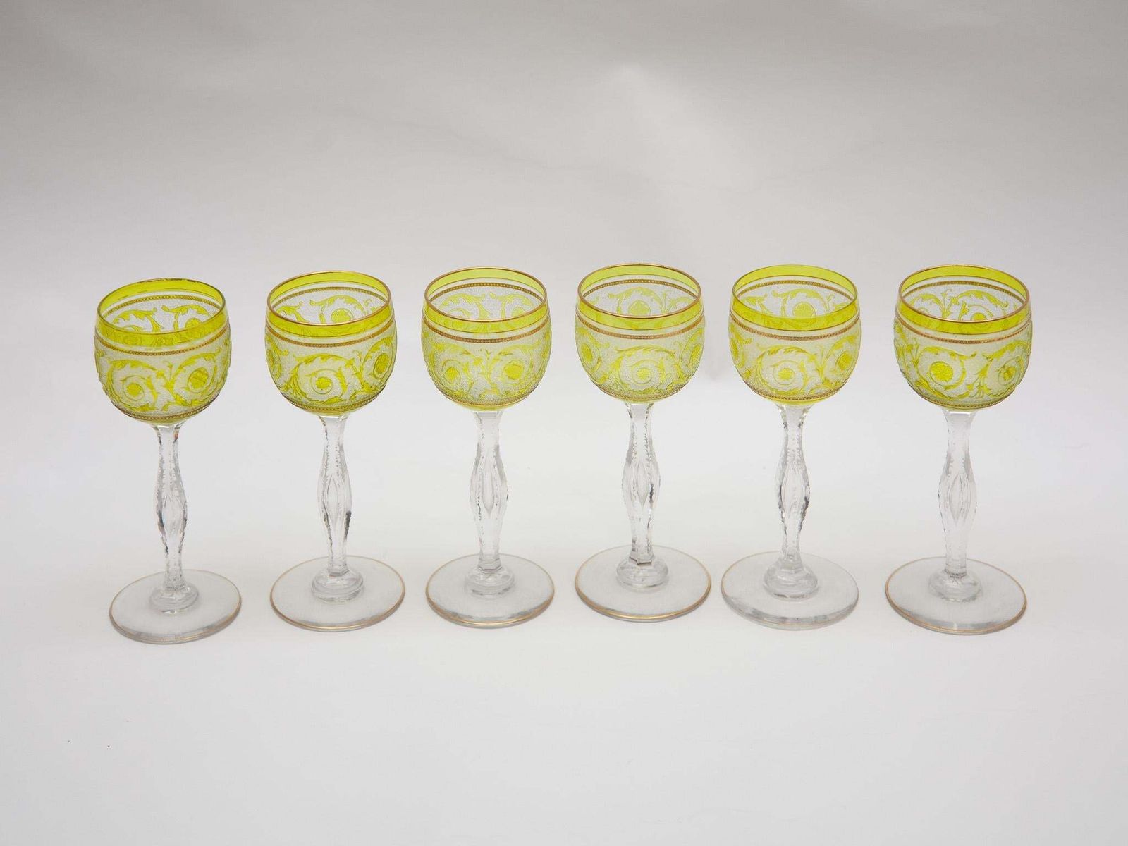 photo for sale Set Of Six Saint Louis, Thistle Engraving Green Wine Glasses, 1910, France