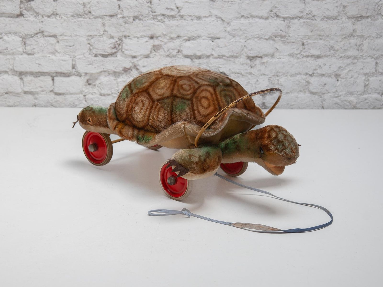 Children Steiff Large Plush Turtle Toy With Glass Button Eyes 1960s And Wheels photo for sale