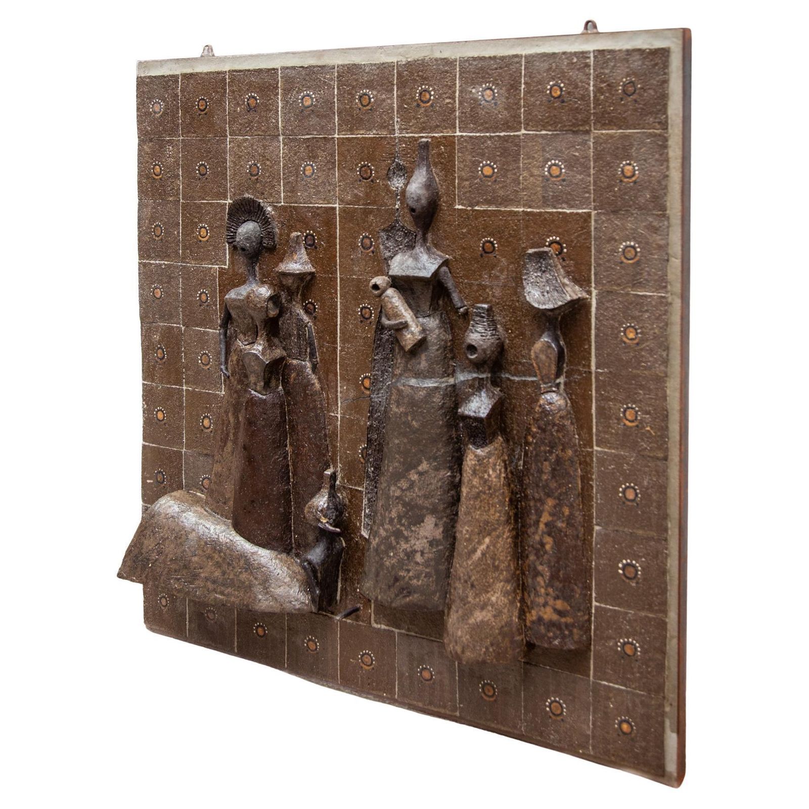 Large Wall Mounted Brown Toned Ceramic Sculpture Women With Child, 1960s