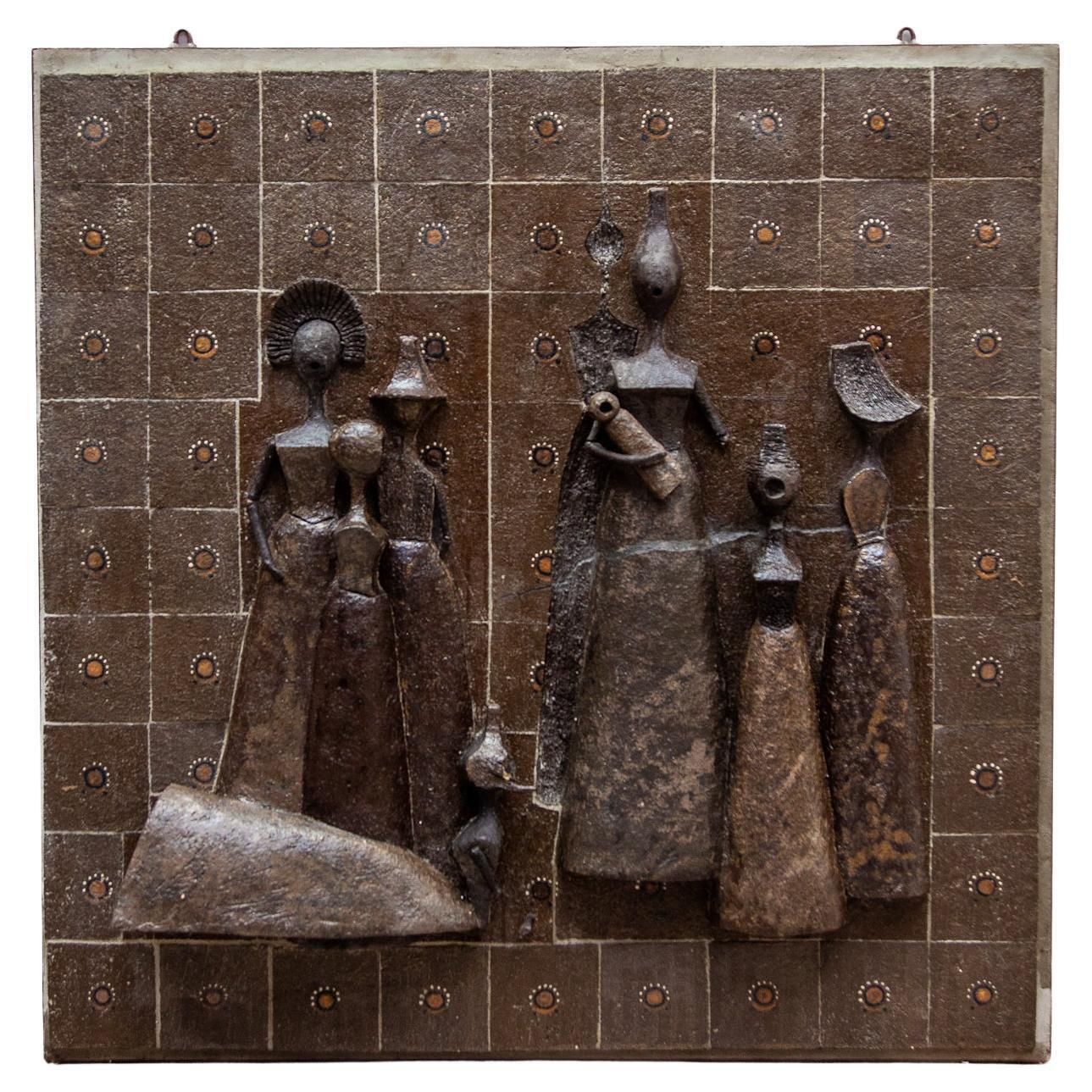 Large Wall Mounted Brown Toned Ceramic Sculpture Women With Child, 1960s photo furniture