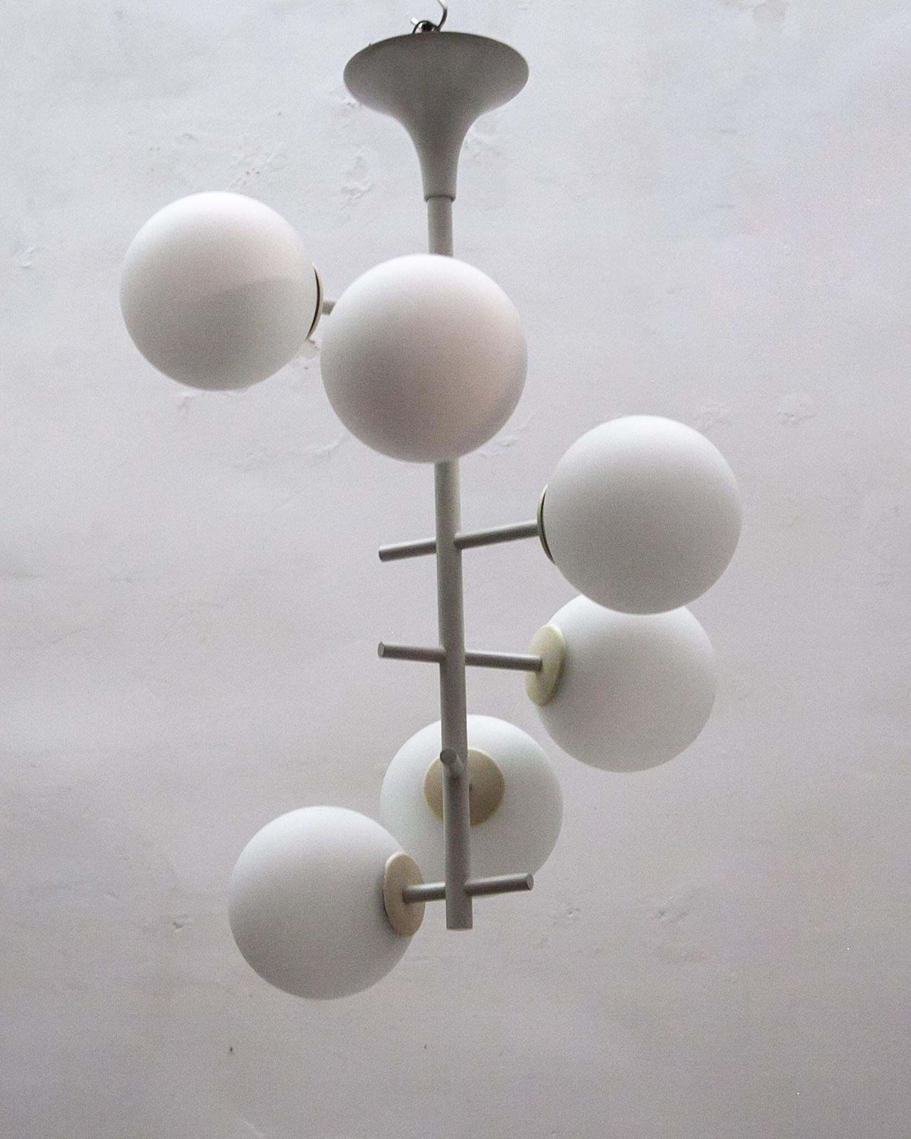 Large Kaiser Sputnik White Opal Glass Globes Chandelier, Germany, 1960s photo vinterior