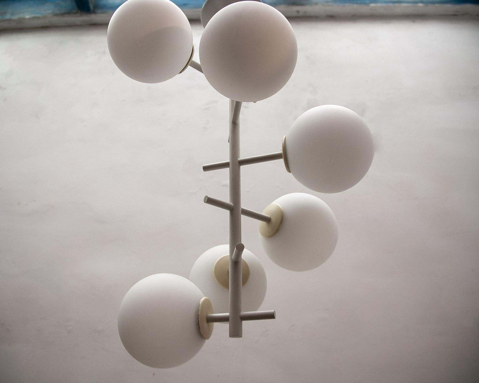 Large Kaiser Sputnik White Opal Glass Globes Chandelier, Germany, 1960s photo buy