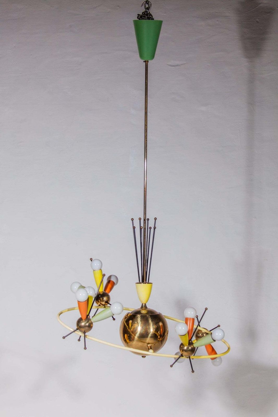 Space Age Fifties Brass Multicolored Chandelier Style Angelo Lelli, 1959 photo vinterior