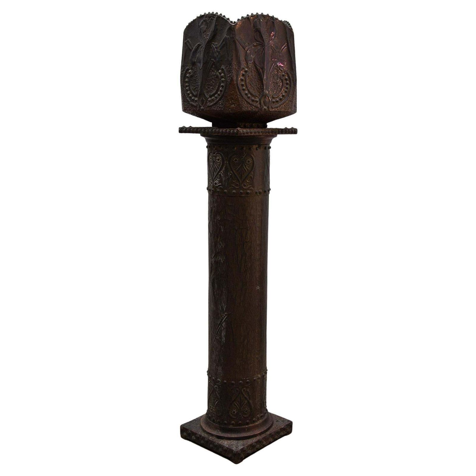 Art Nouveau Pedestal And Planter In Hammered Copper By Large Iris Flowers