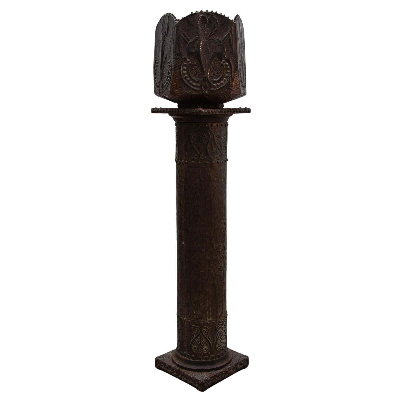 Art Nouveau Pedestal And Planter In Hammered Copper By Large Iris Flowers photo vinterior