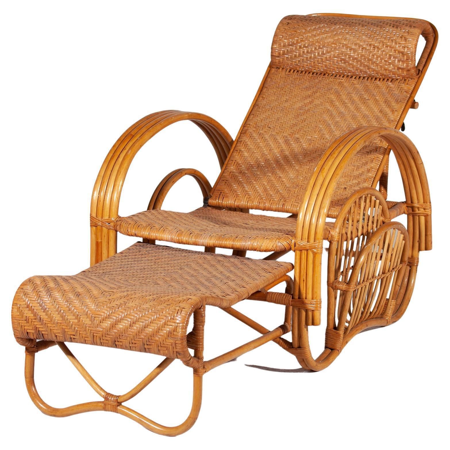 Boho Bamboo Extendable Lounger, Rattan Deck Chair, And Magazine Holder, 1950s