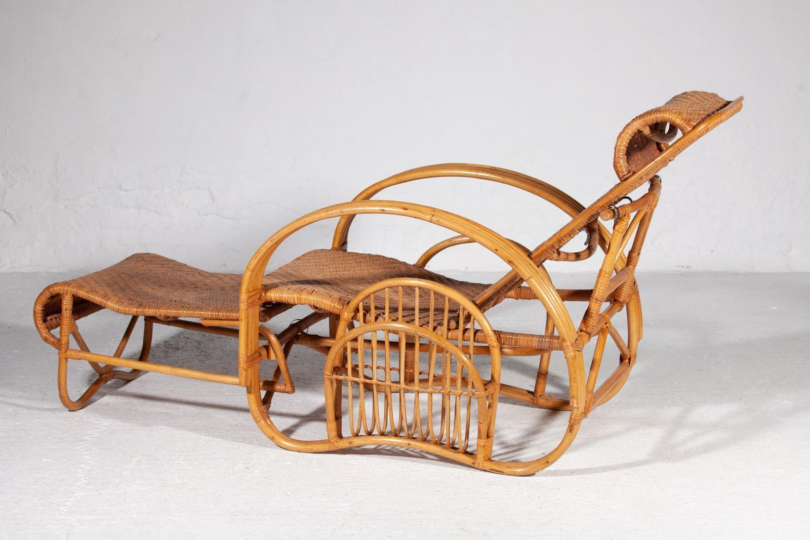 Boho Bamboo Extendable Lounger, Rattan Deck Chair, And Magazine Holder, 1950s photo for sale