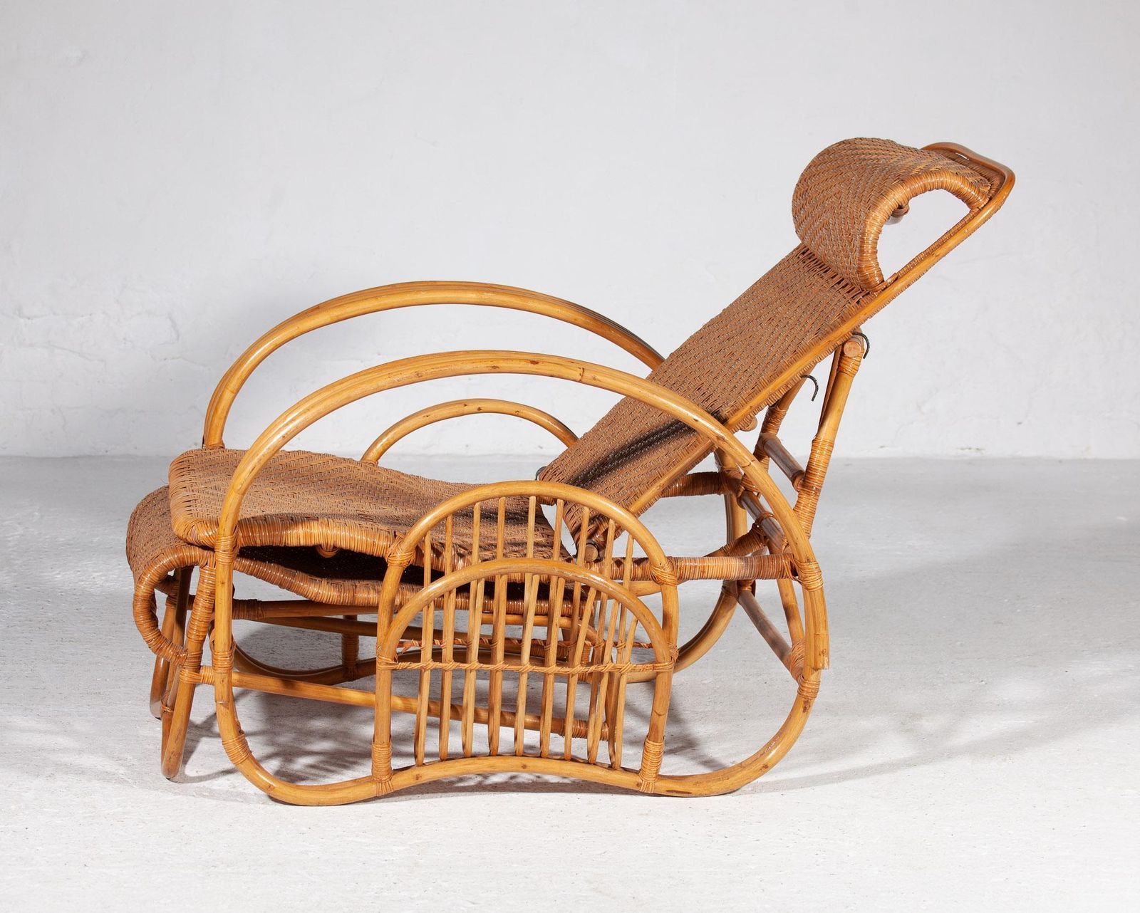 Boho Bamboo Extendable Lounger, Rattan Deck Chair, And Magazine Holder, 1950s photo Furniture