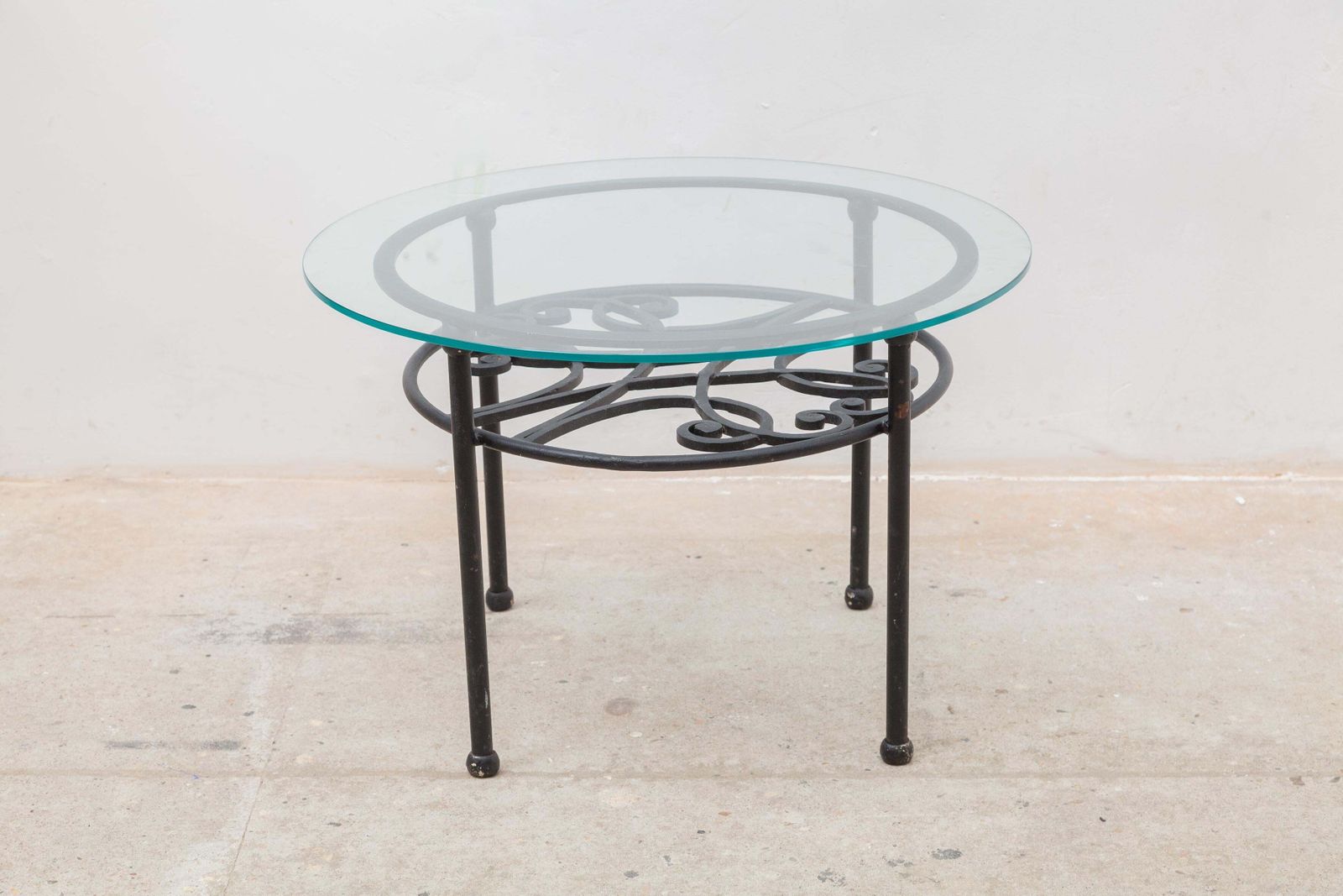 Wrought Iron Round Coffee Table, Glass Top 1960s France photo furniture