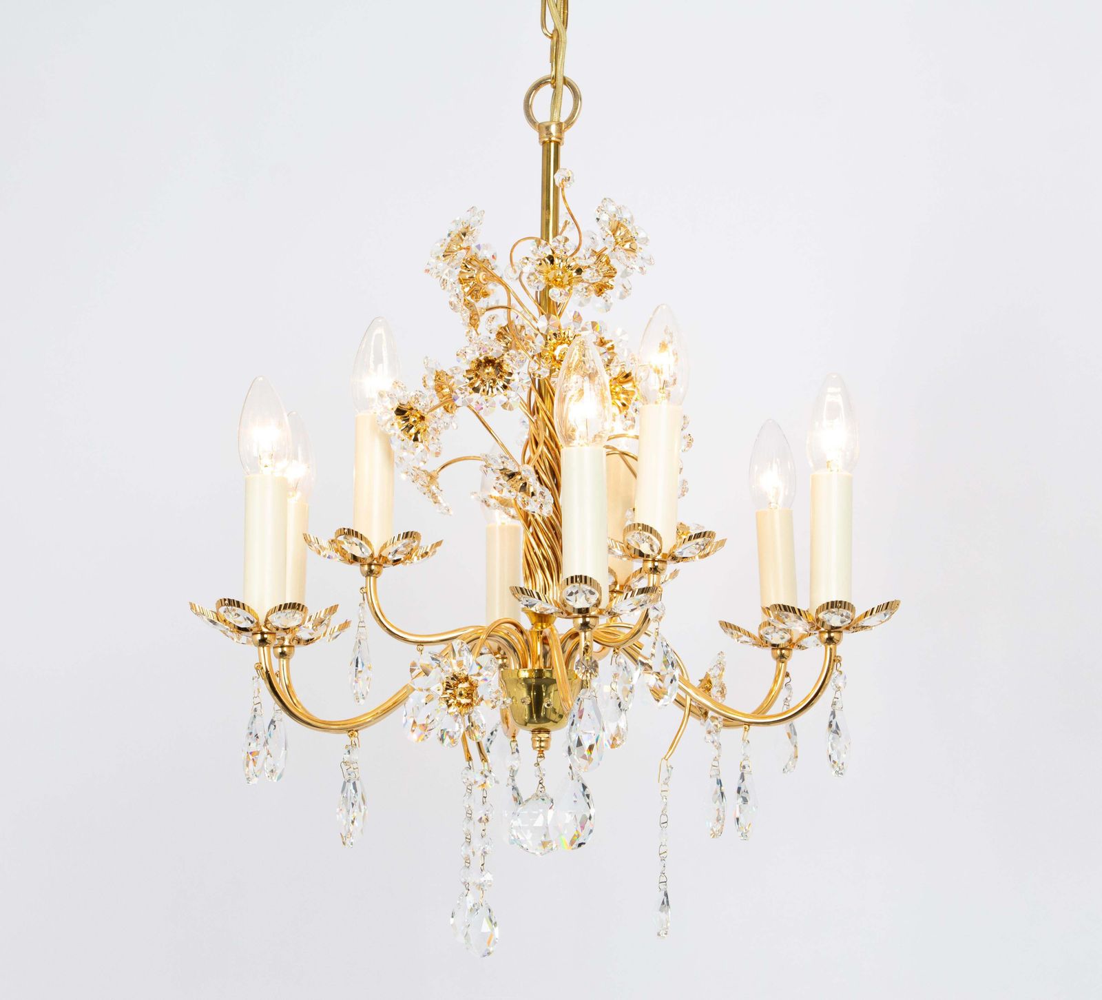 Large Gilt Brass Flower Shape Chandelier By Palwa, Germany, 1970s photo for sale
