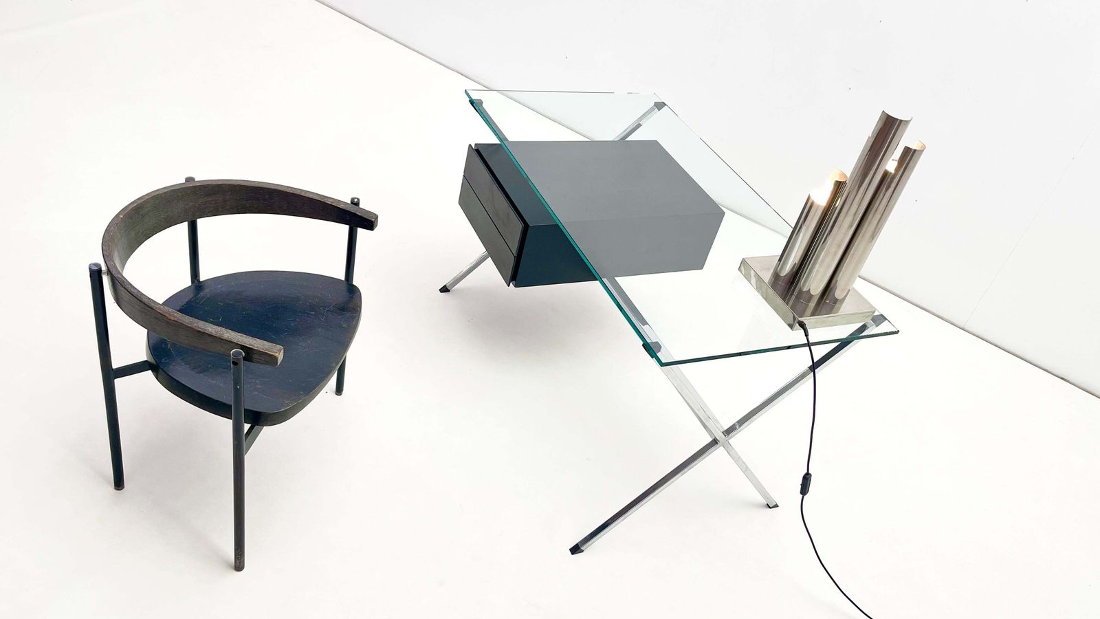 Franco Albini For Knoll   Chrome Glass And Black Wood Desk photo vinterior