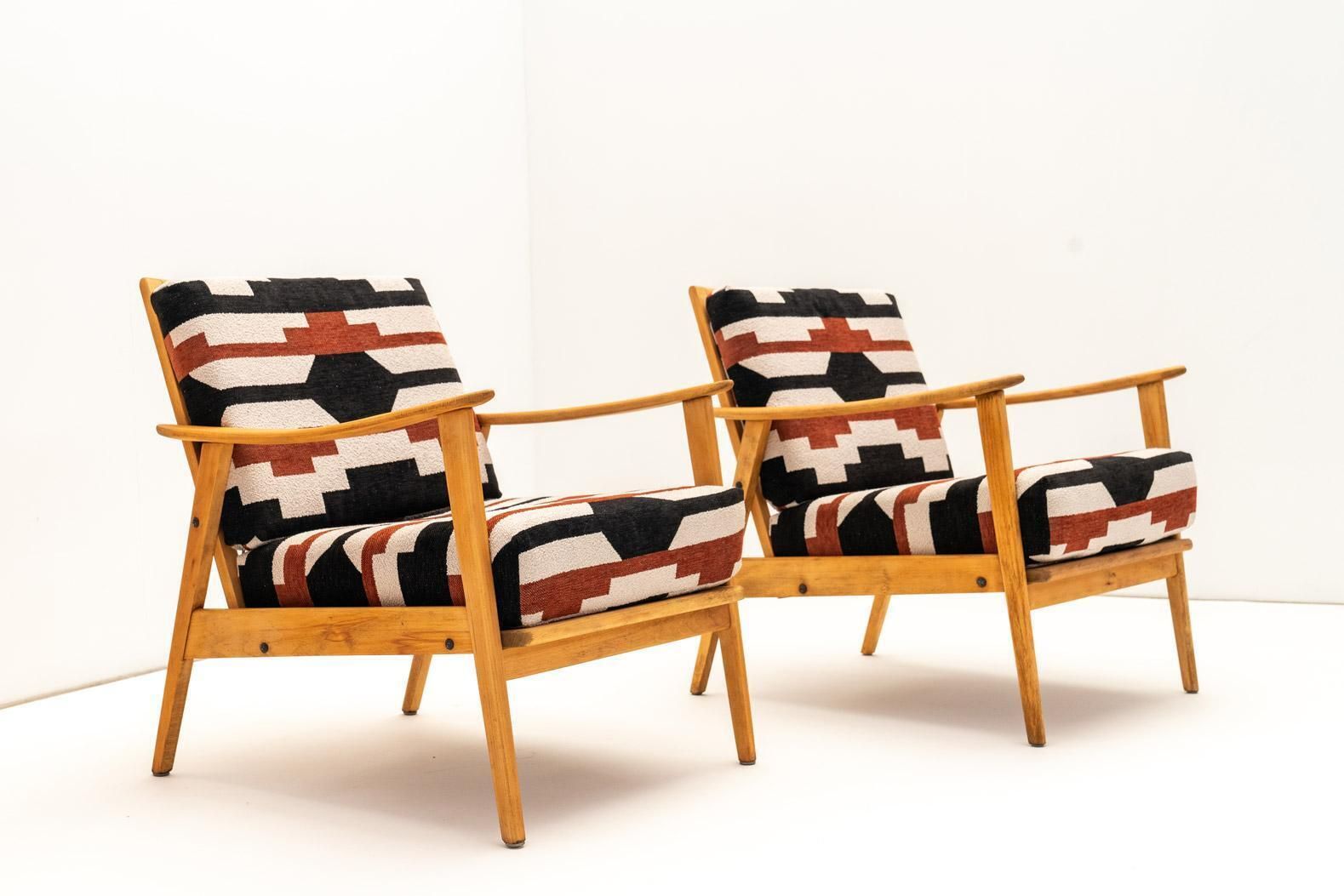 Pair Of Armchairs In Bold Geometric Reupholstery photo for sale