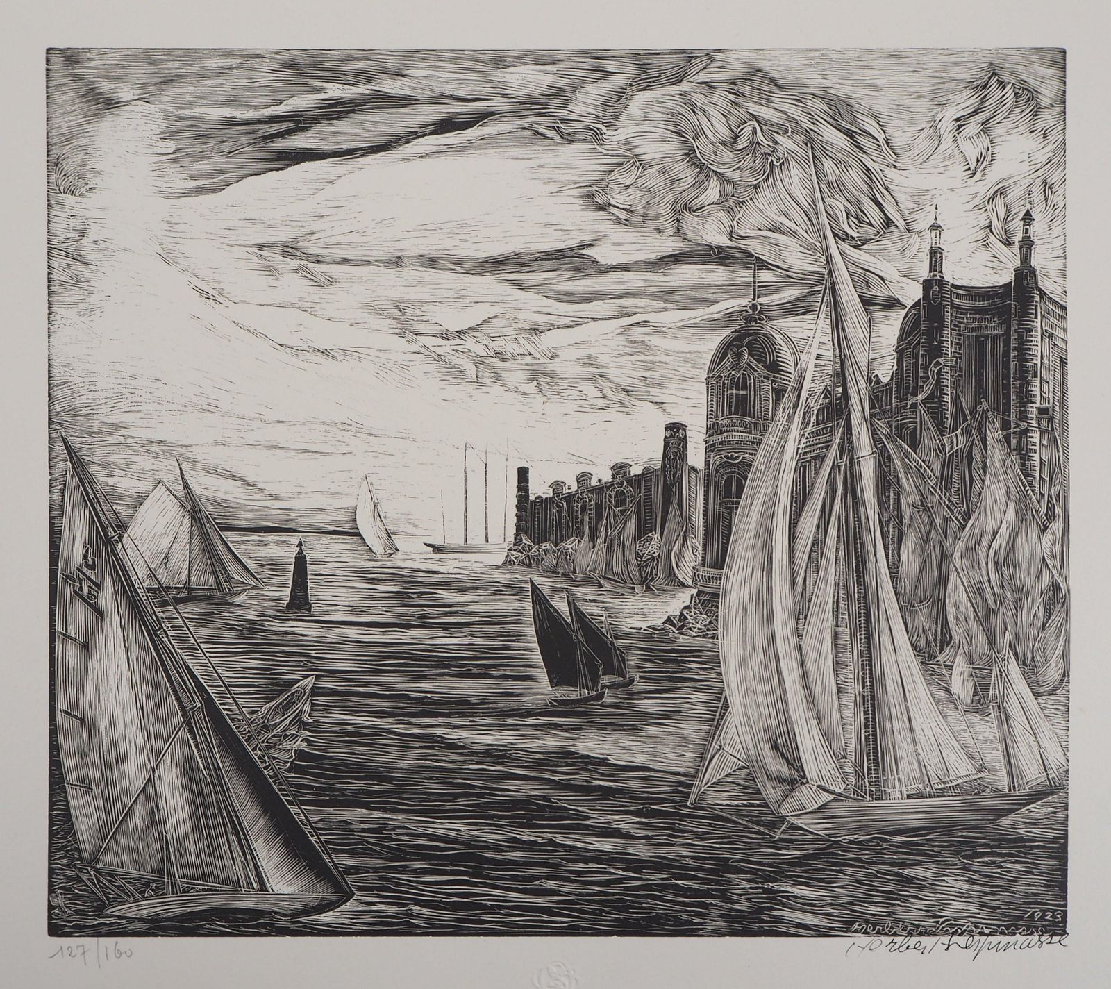Herbert Lespinasseseascape : Castel And Sailboats   Original Wooodcut, Handsigned1924 photo furniture