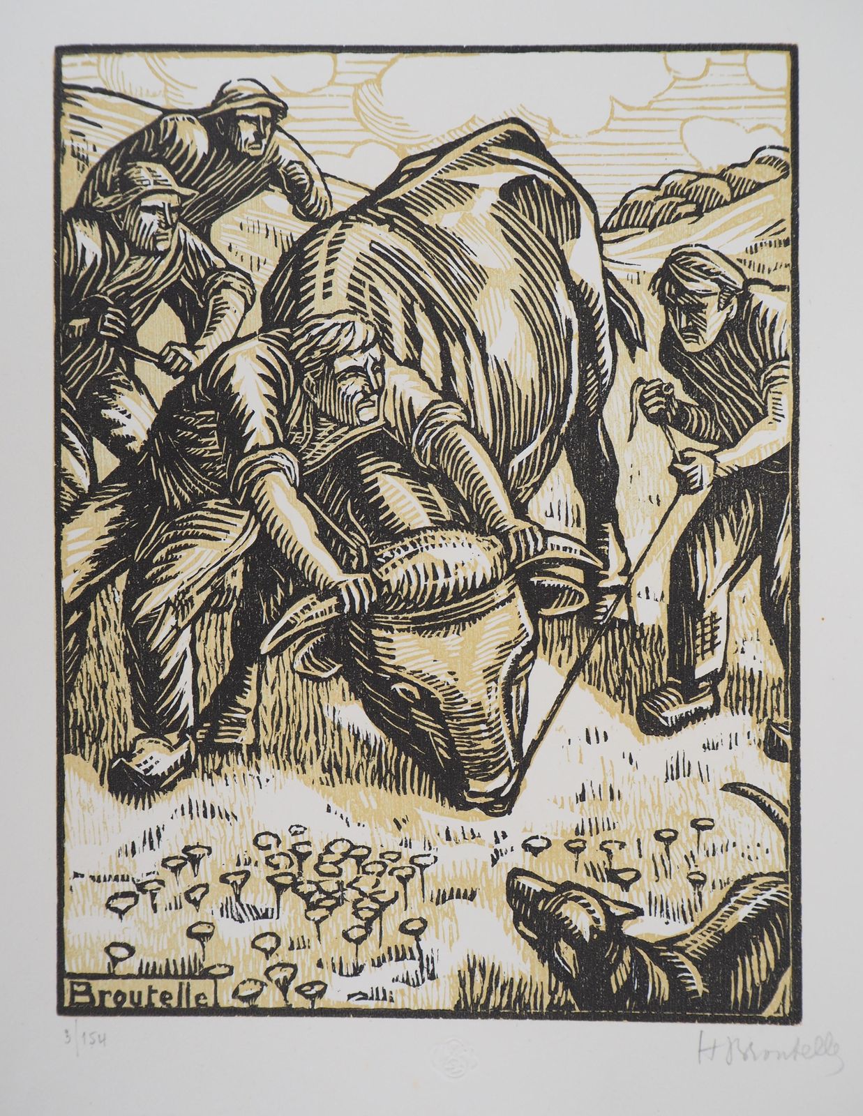 Honoré Broutellethe Untamed Bull   Original Woodcut, Handsigned1922