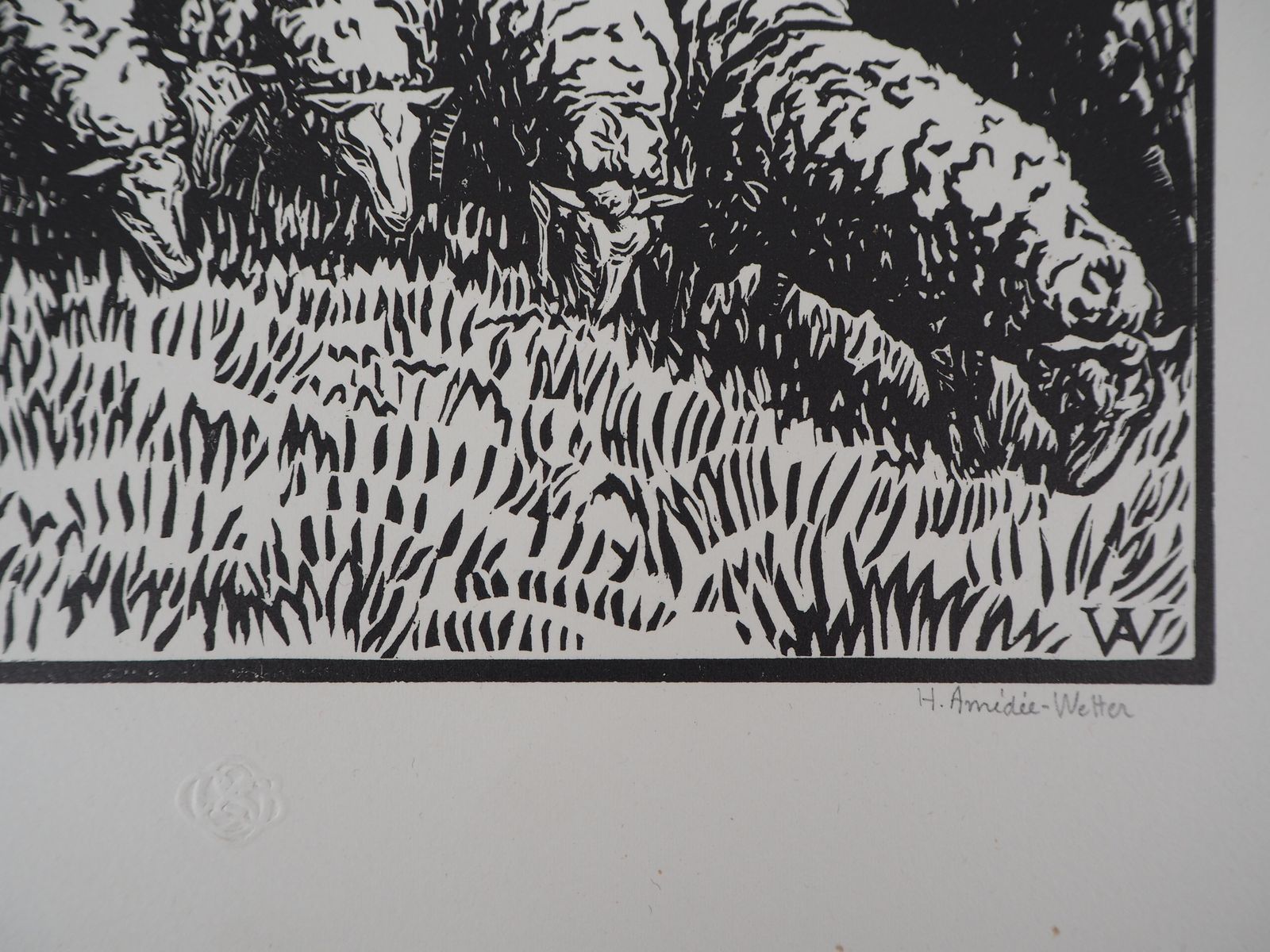 Henri Amedee Wettershepherdess And Her Sheep   Original Wooodcut, Handsigned & Numbered1920 photo furniture