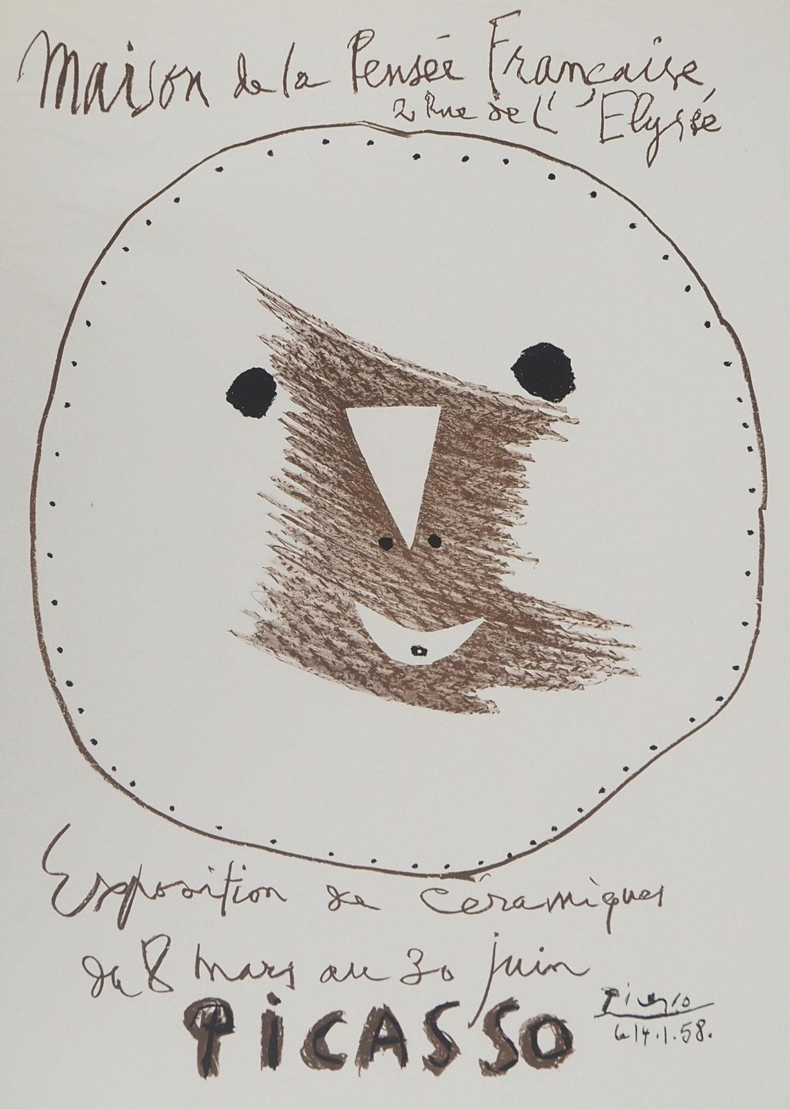 Pablo Picassosmilling Face, Madoura Ceramics   Original Lithograph (Cwiklitzer #31)1958 photo for sale