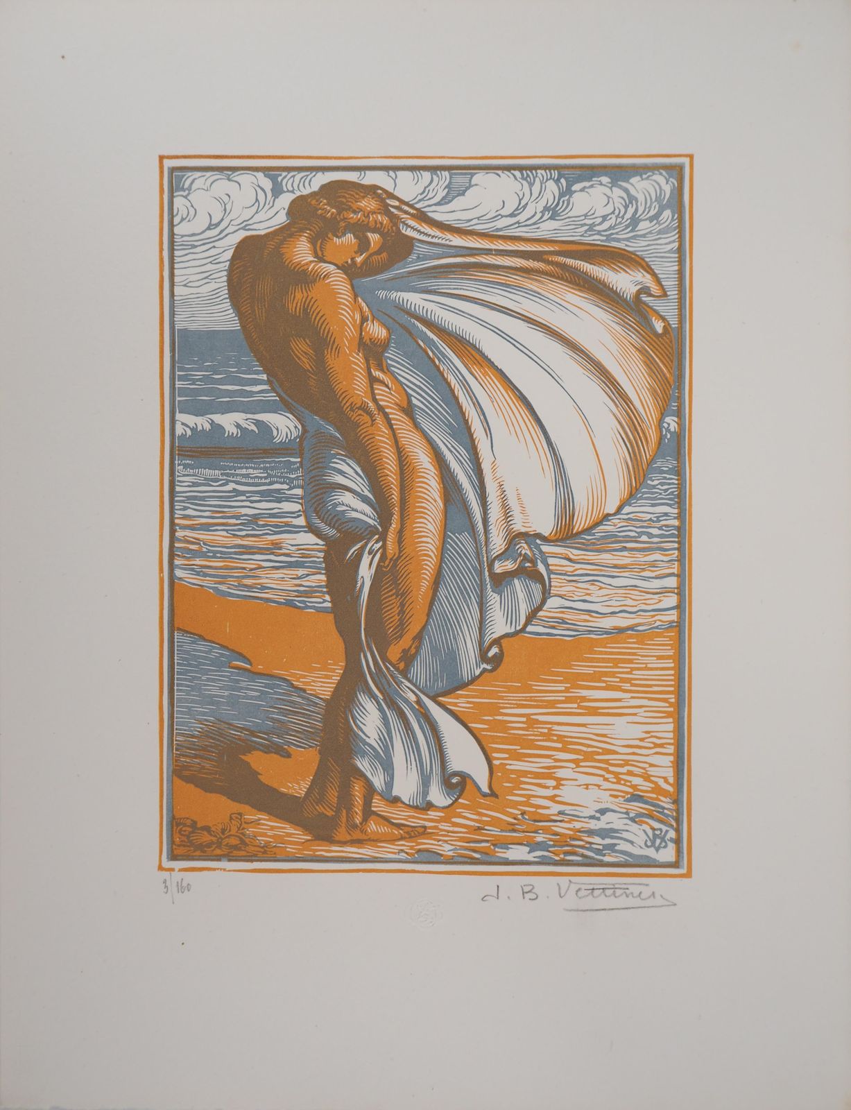 Jean Baptiste Vettineron The Beach : Bather In The Wind   Original Wooodcut, Handsigned1927 photo furniture