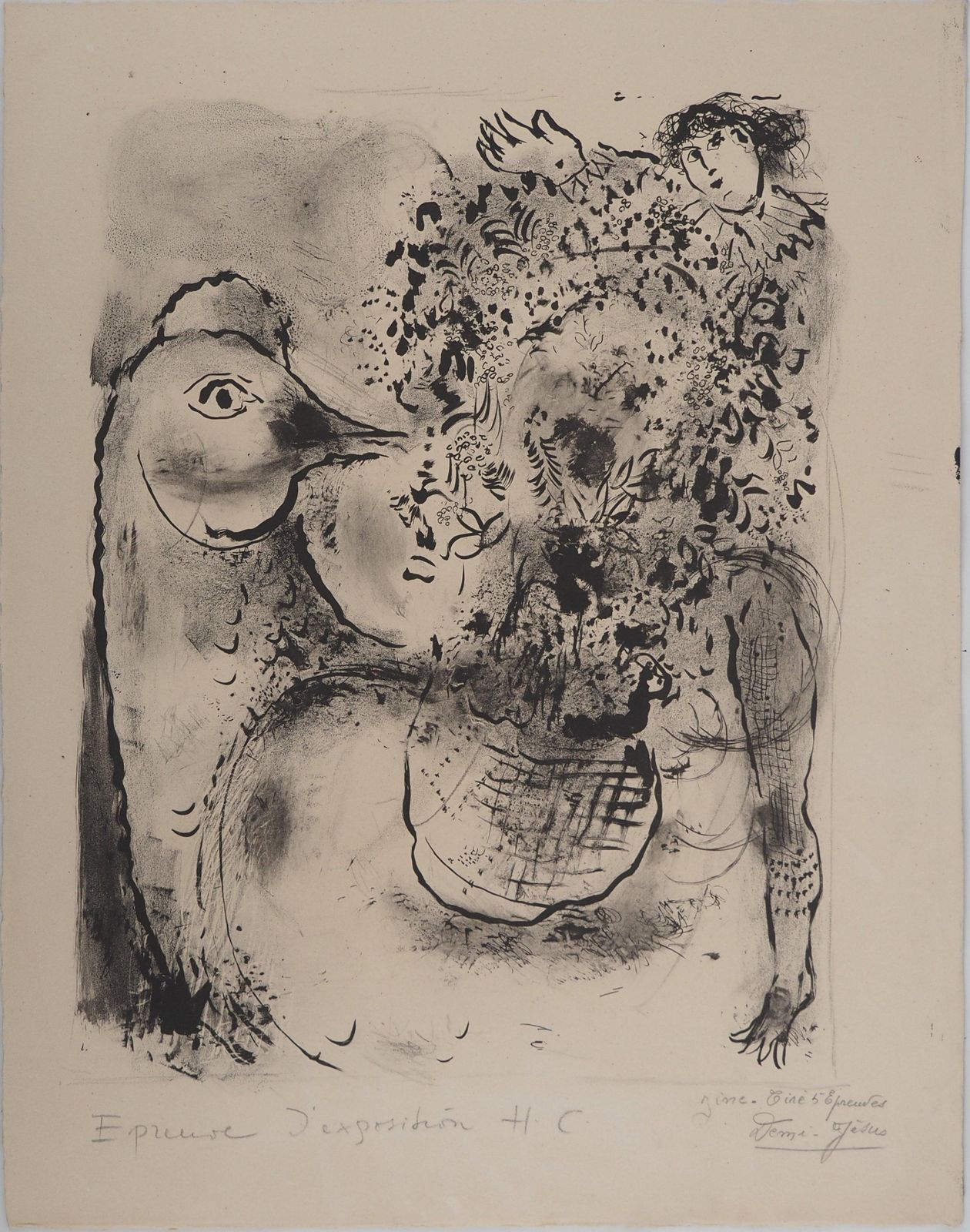 Marc Chagallrooster, Bouquet And Acrobat   Stone Lithograph (Mourlot #63)1952