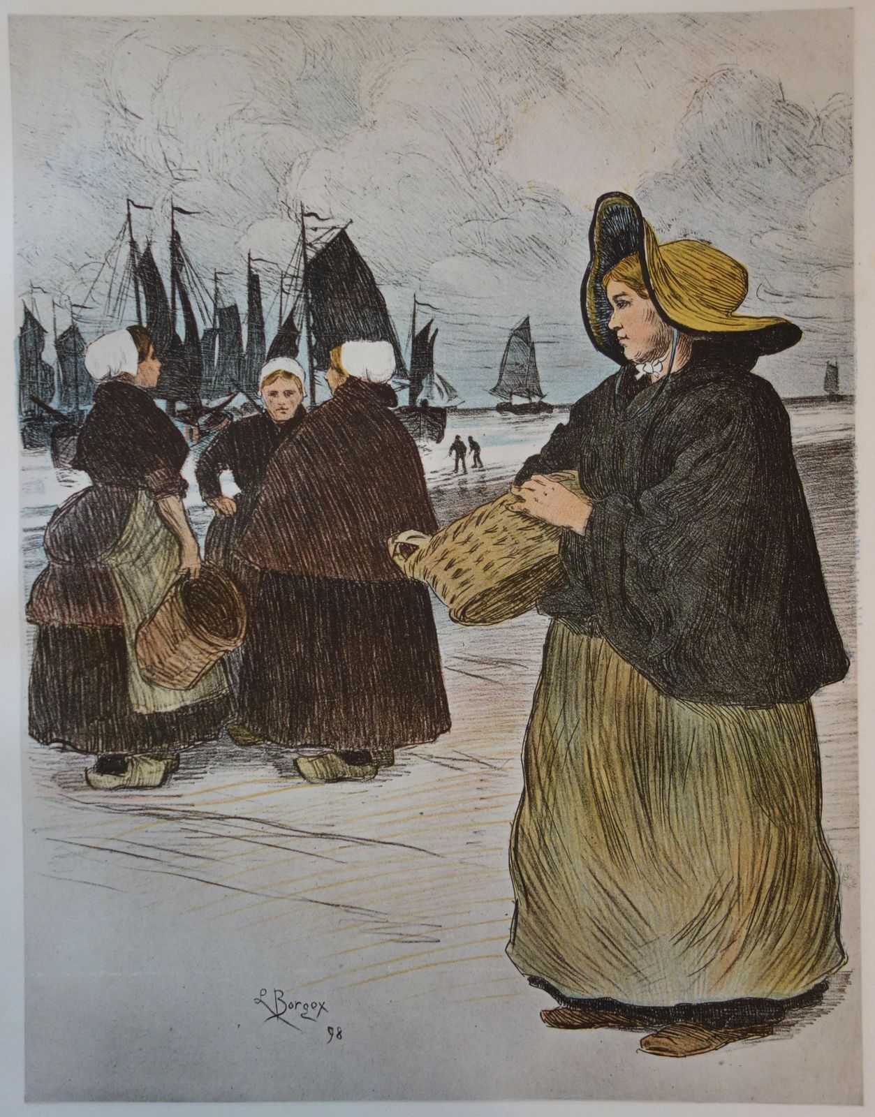 Louis Borgexbrittany : Women In The Harbour   Original Lithograph, 18981897/98