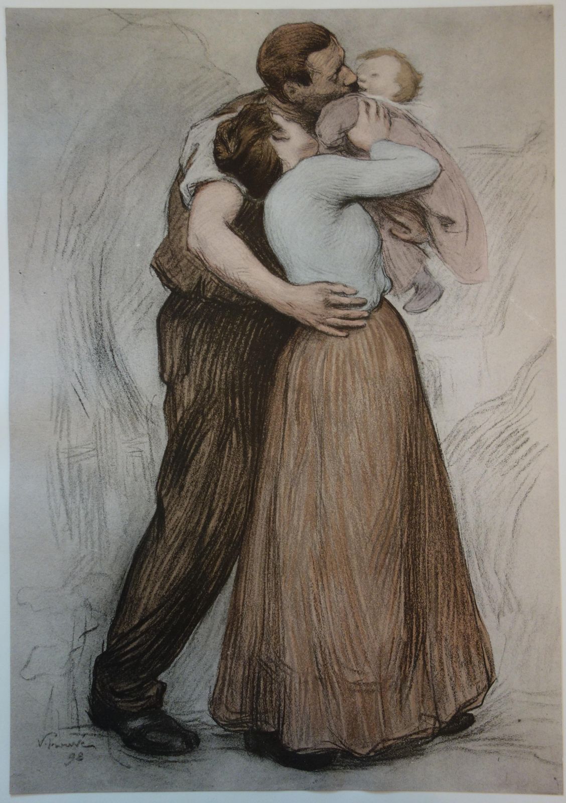 Victor Prouvefamily : Mother And Father Kissing A Baby   Original Lithograph   18981897