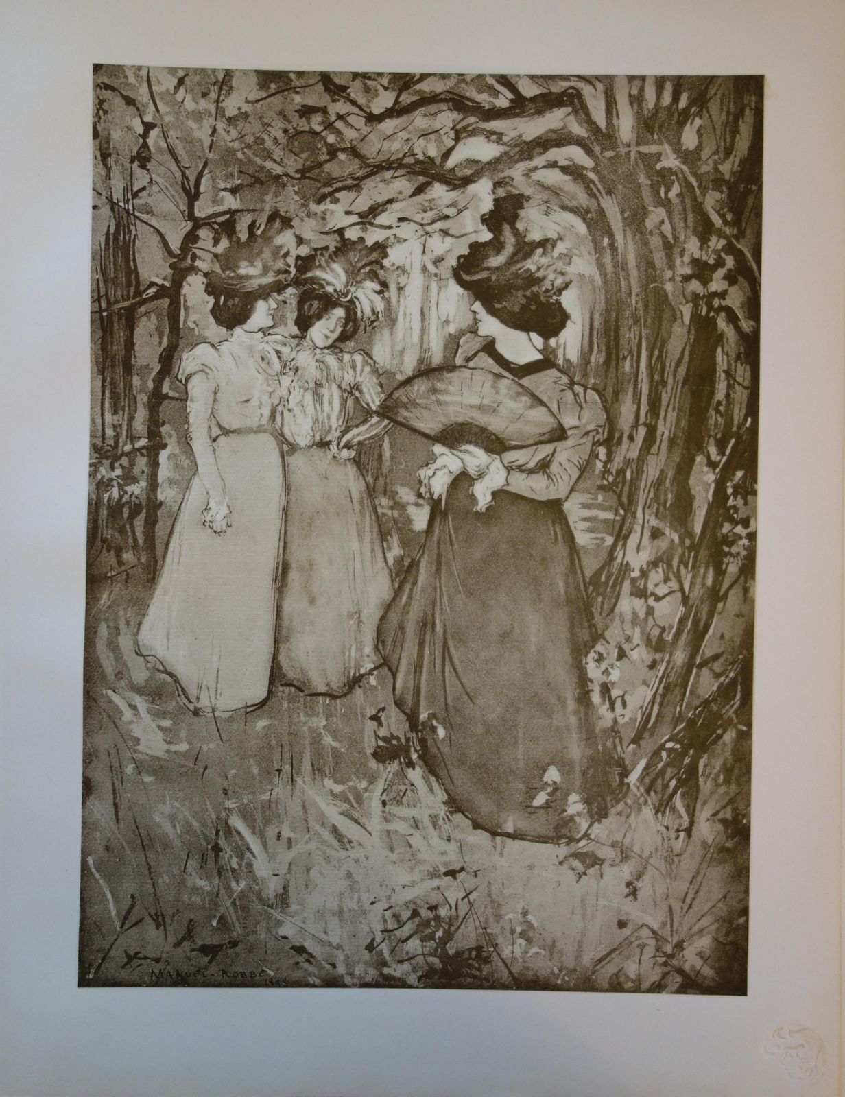 Manuel Robbeelegant Women In A Park   Original Lithograph, 18981898 photo furniture