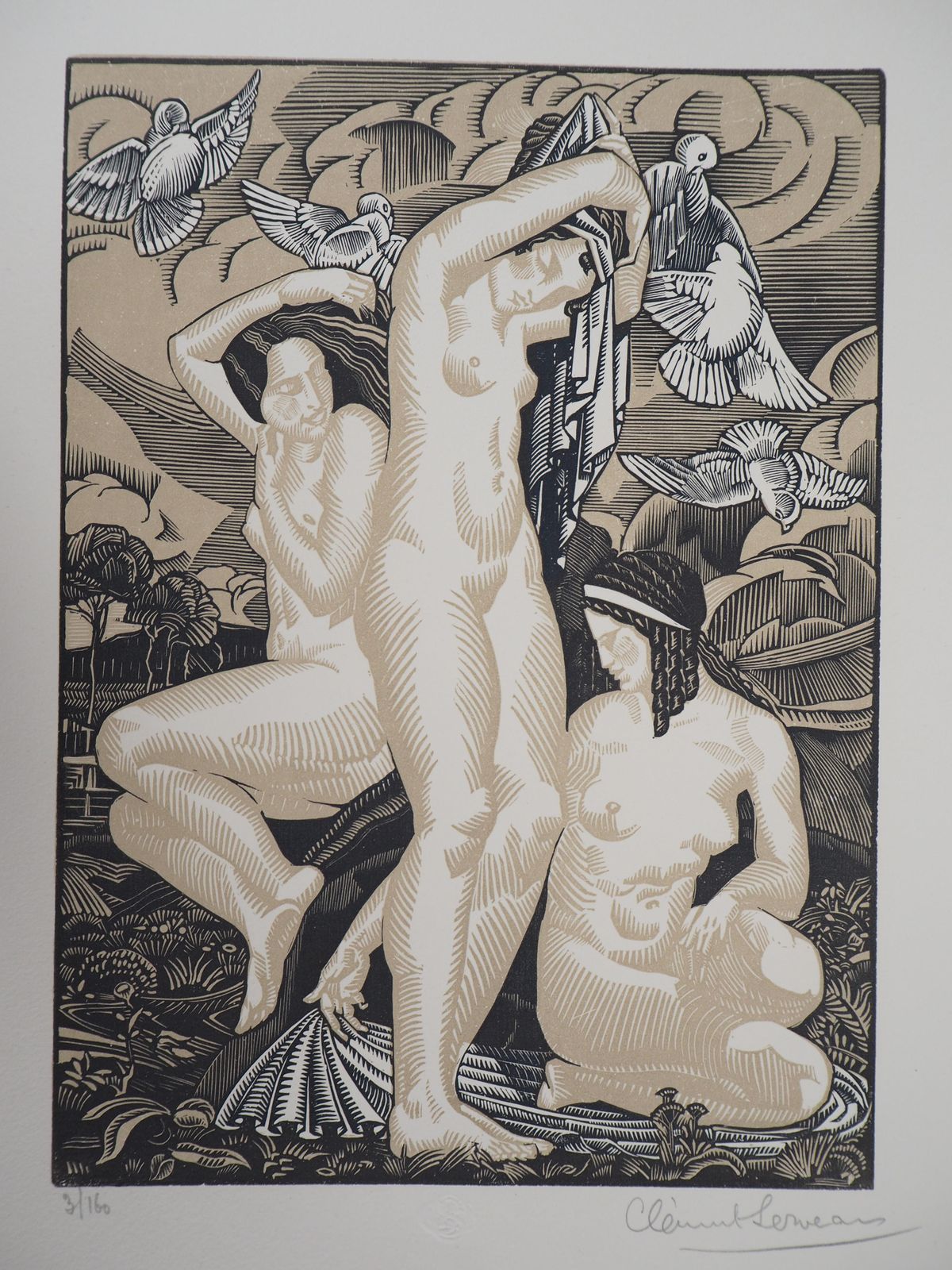 Henri Clement Serveauart Deco : Women With Doves   Original Wooodcut, Handsigned & Numbered1925