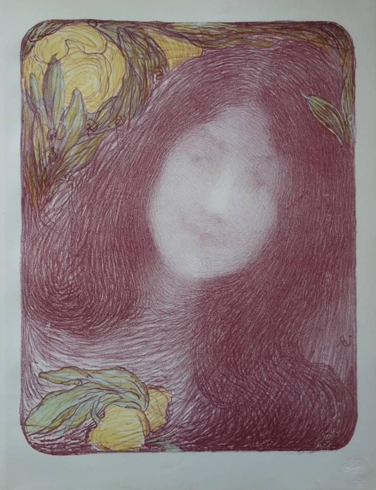 Edmond Aman Jeanart Deco : Woman With Flowers   Original Lithograph, 18971898