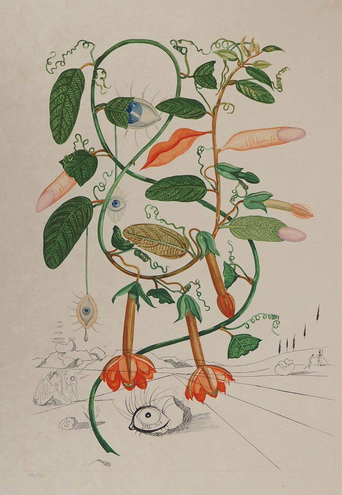 Salvador Dalí­Flordali : Surreal Tree, Fingers & Lips   Original Signed Etching (Field #68 3i)1969 photo for sale