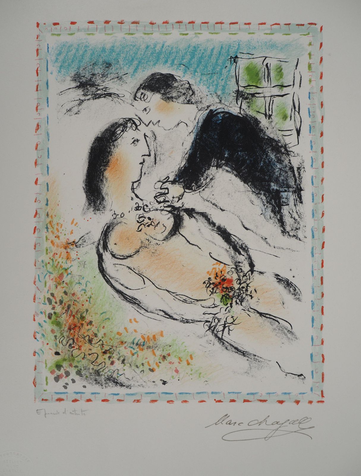 Marc Chagalllovers With A Bouquet Of Flowers   Original Lithograph Handigned (Mourlot #1037)1984 photo for sale