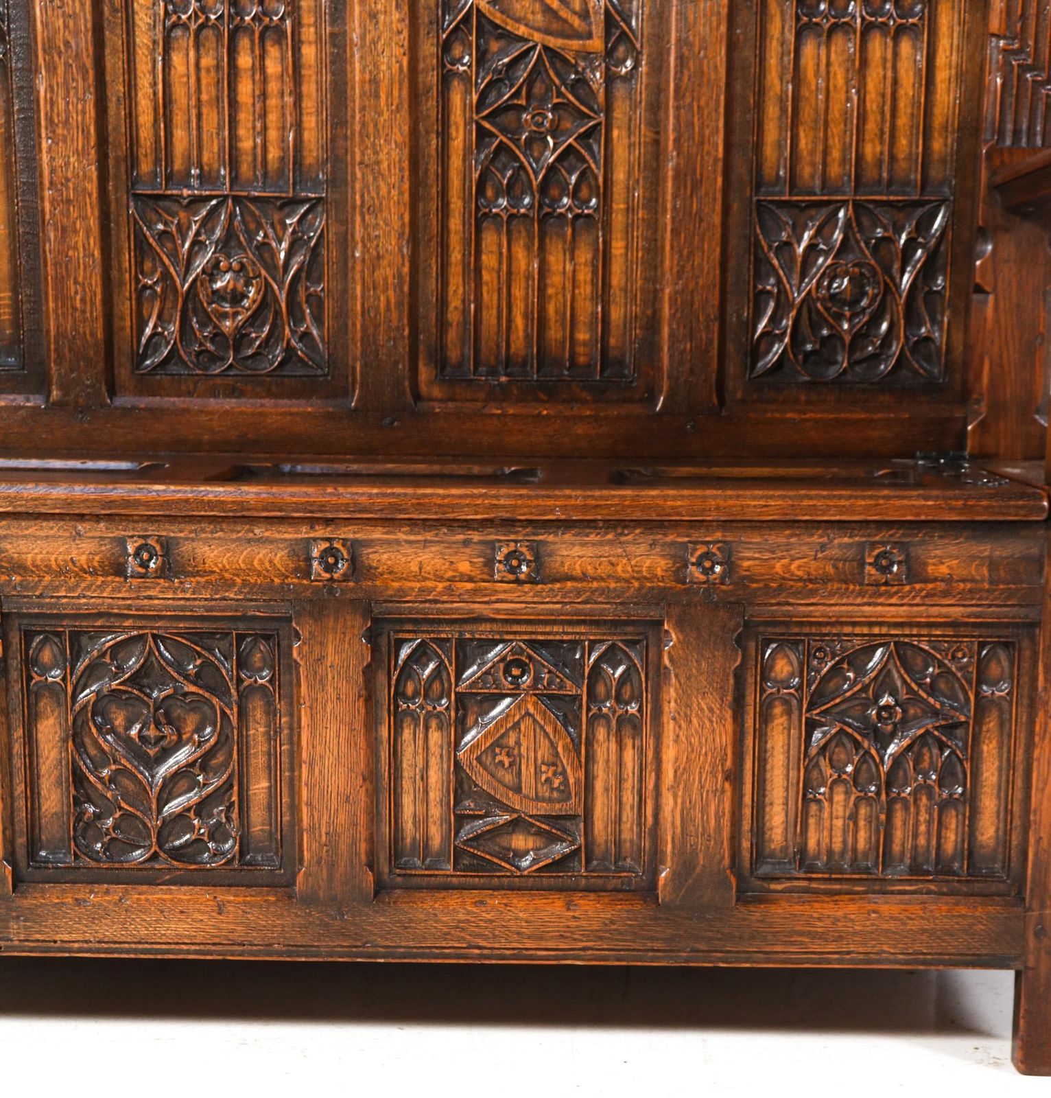 photo furniture Gothic Revival Oak High Back Hall Bench, 1900s
