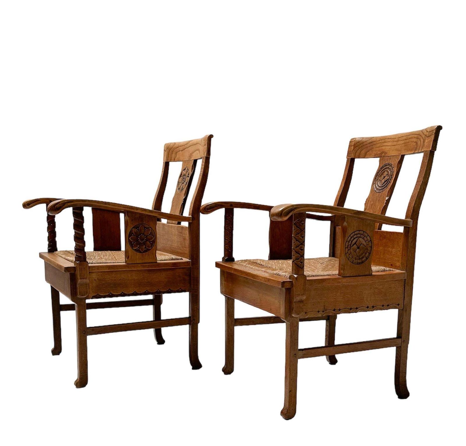 photo furniture Pair Of Rustic Carved Oak Armchairs By Anton Fortuin, 1940s