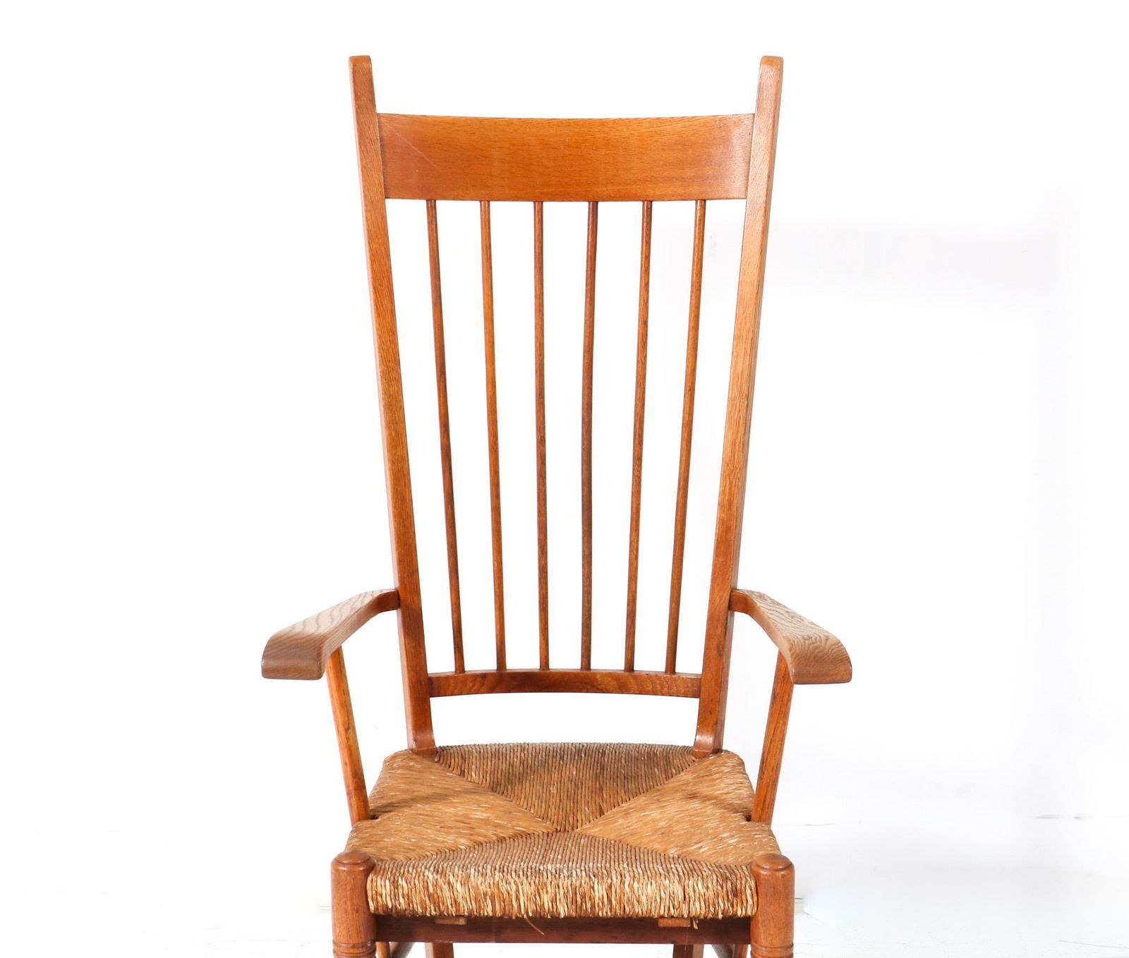 Oak Arts & Crafts Art Nouveau High Back Armchair With Rush Seat, 1900s photo for sale