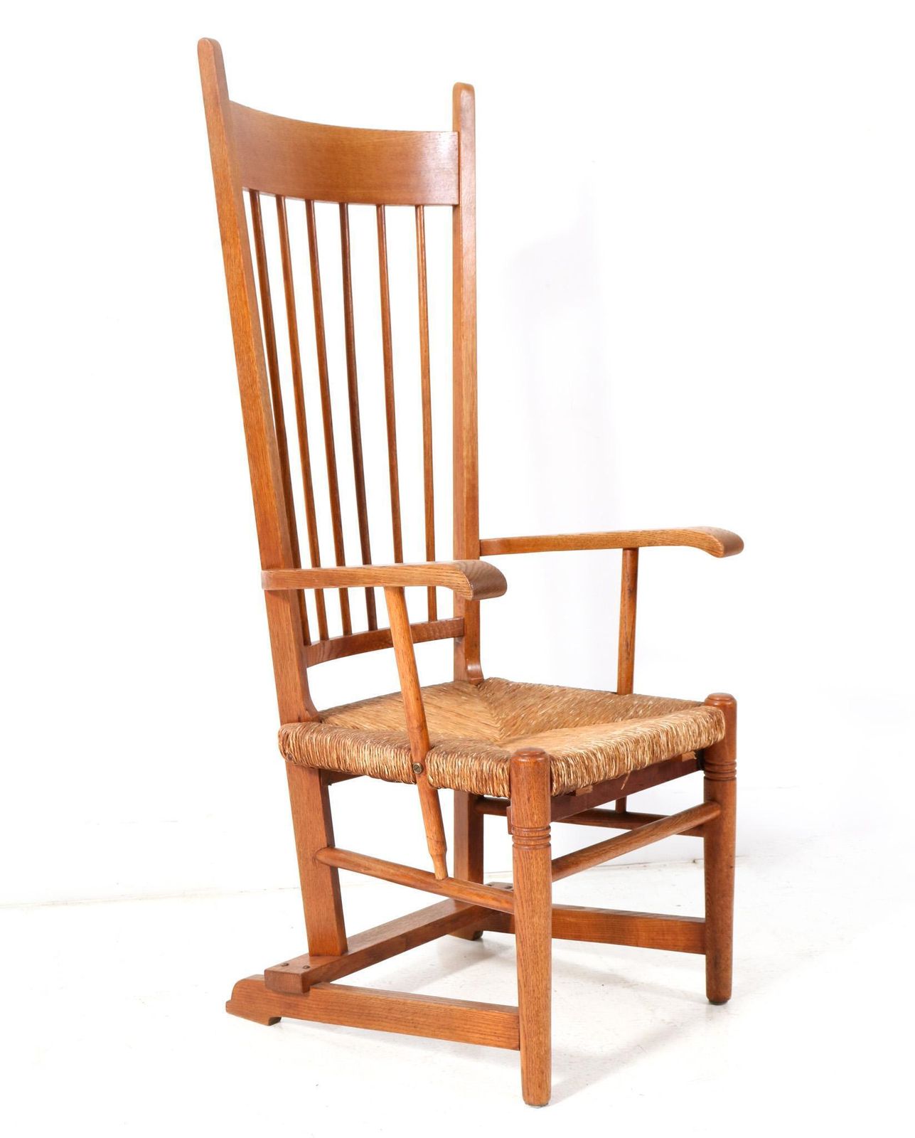 Oak Arts & Crafts Art Nouveau High Back Armchair With Rush Seat, 1900s photo vinterior