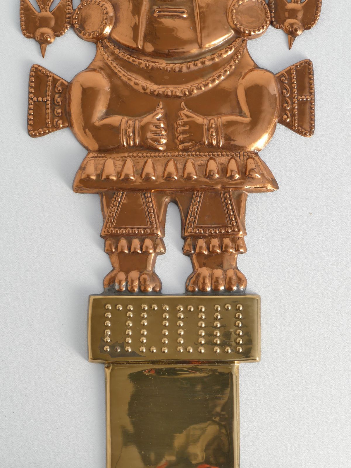 Peruvian Naylamp Brass & Copper Model Of A Ceremonial Tumi Knife Wall Hanging photo for sale