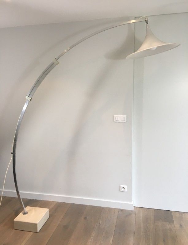 Rare Arco Style Floor Lamp In Brushed Aluminium, Conical White Plastic Reflector And Square Marble Base. French. Circa 1970 photo furniture