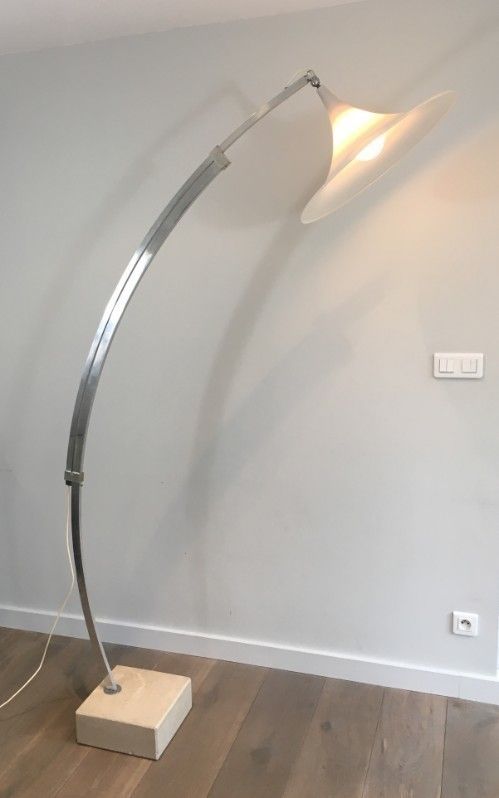 Rare Arco Style Floor Lamp In Brushed Aluminium, Conical White Plastic Reflector And Square Marble Base. French. Circa 1970 photo Lighting