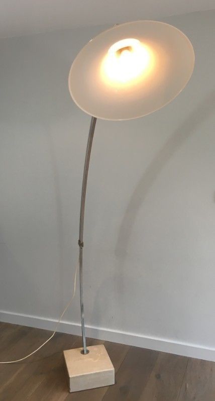 Rare Arco Style Floor Lamp In Brushed Aluminium, Conical White Plastic Reflector And Square Marble Base. French. Circa 1970 photo 1980.0