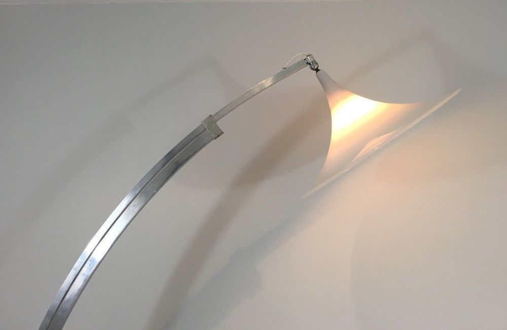 Rare Arco Style Floor Lamp In Brushed Aluminium, Conical White Plastic Reflector And Square Marble Base. French. Circa 1970 photo vinterior